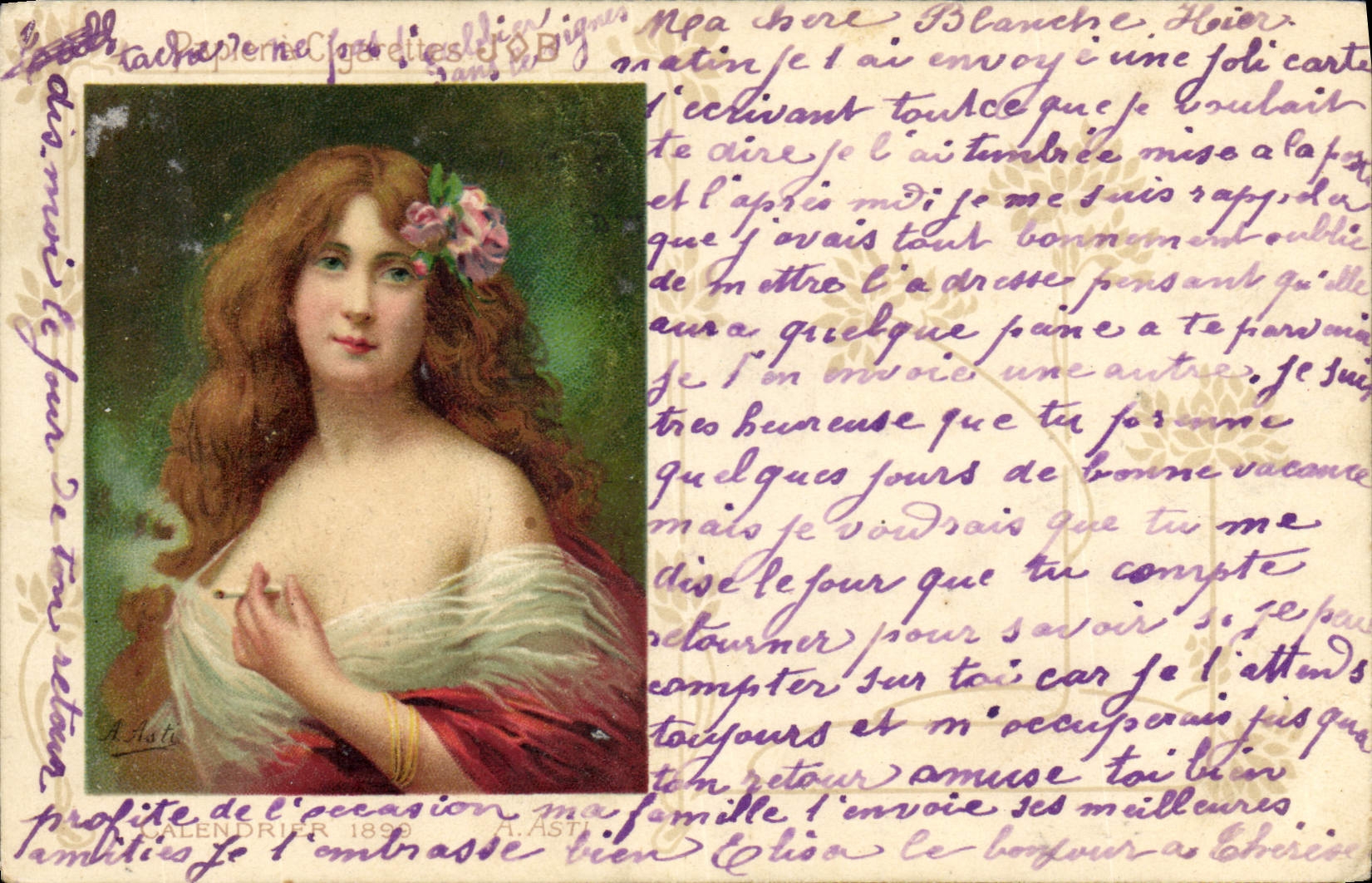 VINTAGE POSTCARD Fantaisie Illustrator Cigarette paper Job Calendar 1899 has Silk