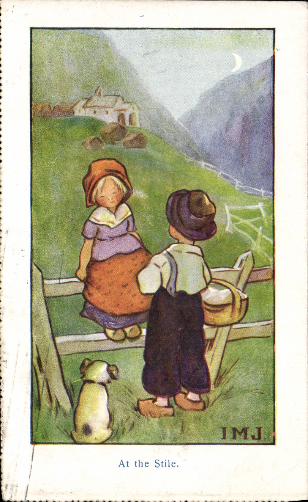 VINTAGE POSTCARD Fantasy Illustrator At the Stile Dog