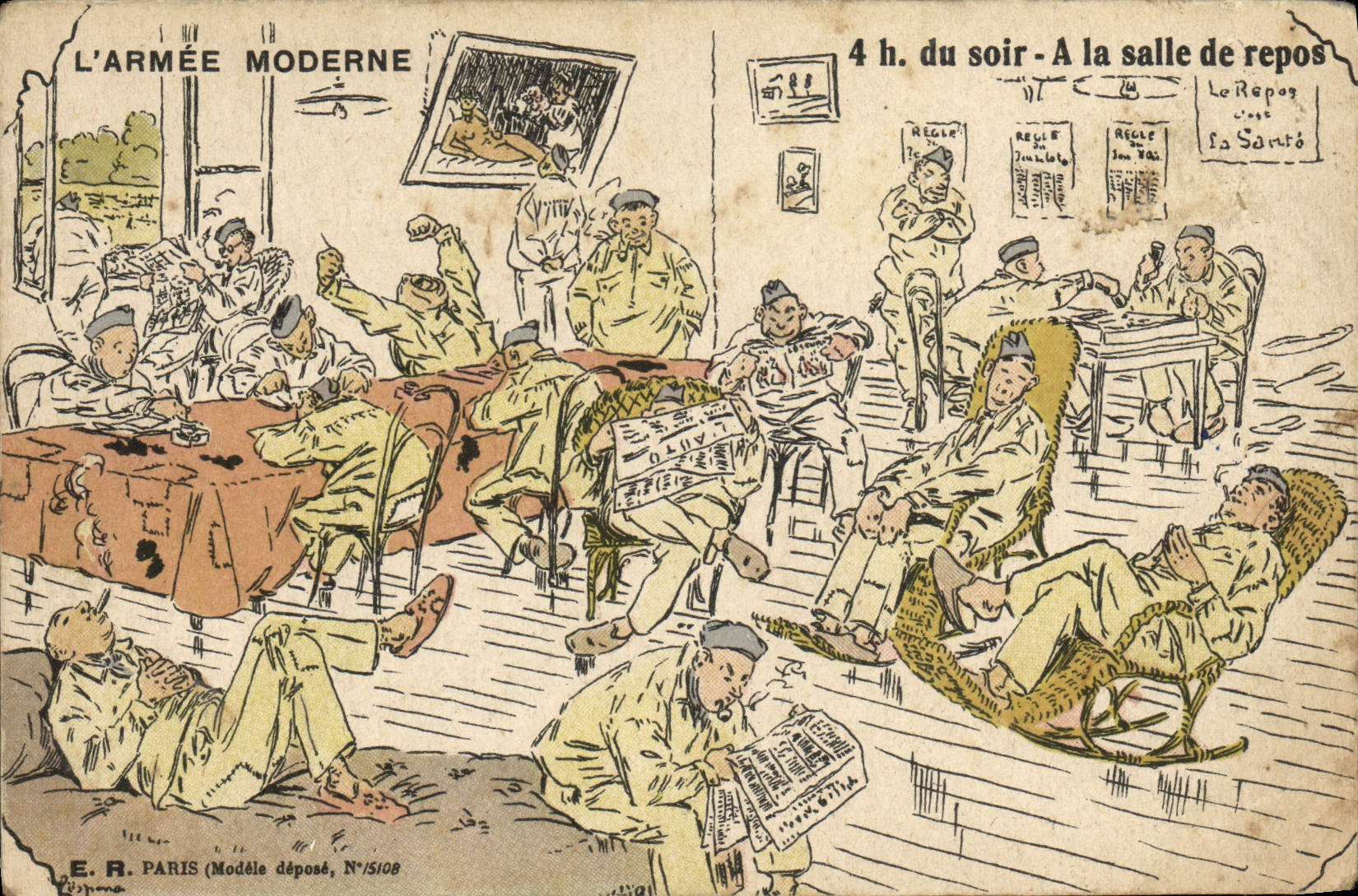 VINTAGE POSTCARD Militaria 4:00 of the evening in the room of rest