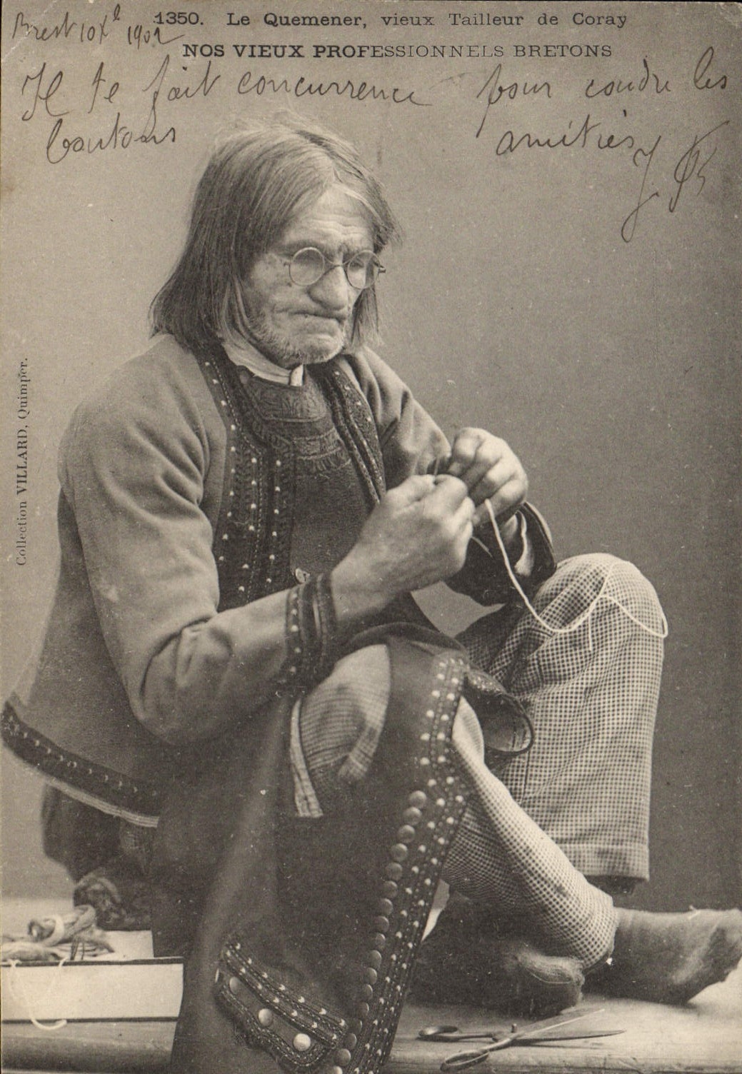 Sastre de Quemener del folklore de Bretaña de la POSTAL de la VENDIMIA viejo de Coray