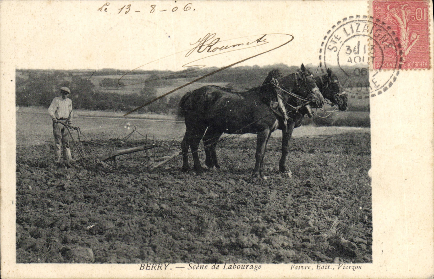Escena de la baya del coche de la POSTAL de la VENDIMIA del arado de labranza del caballo de los caballos