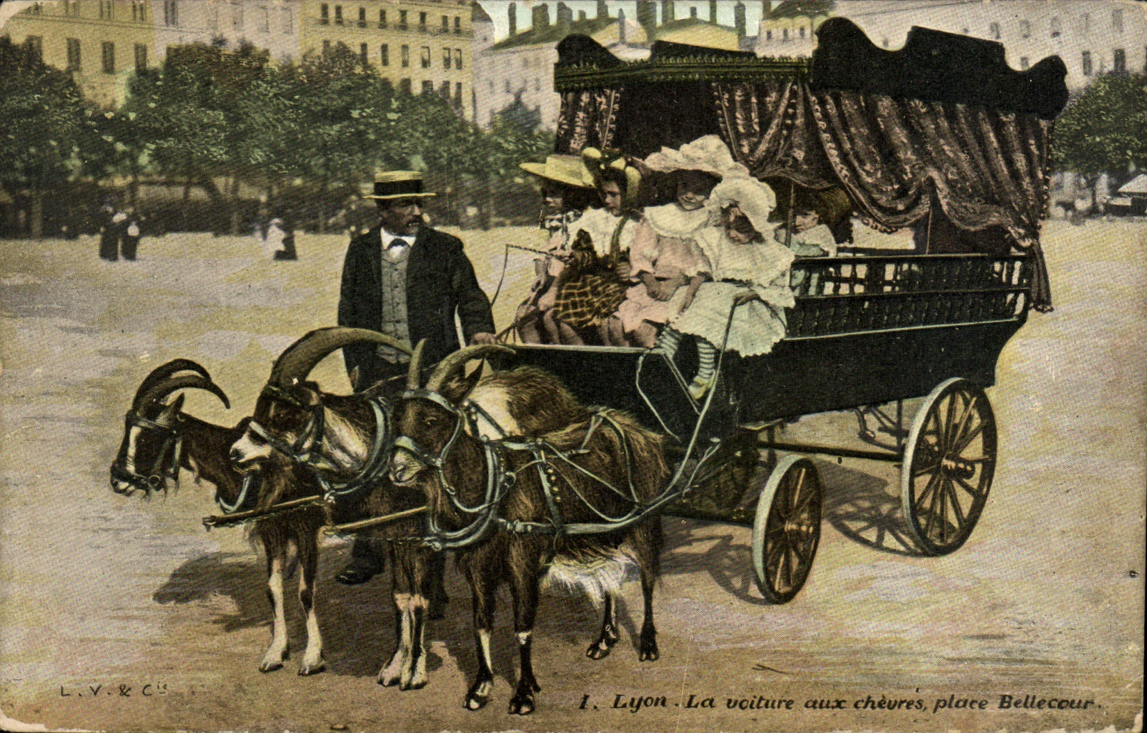 VINTAGE POSTCARD Attelage Lyon the car with the goats places Bellecour Chevre TOP