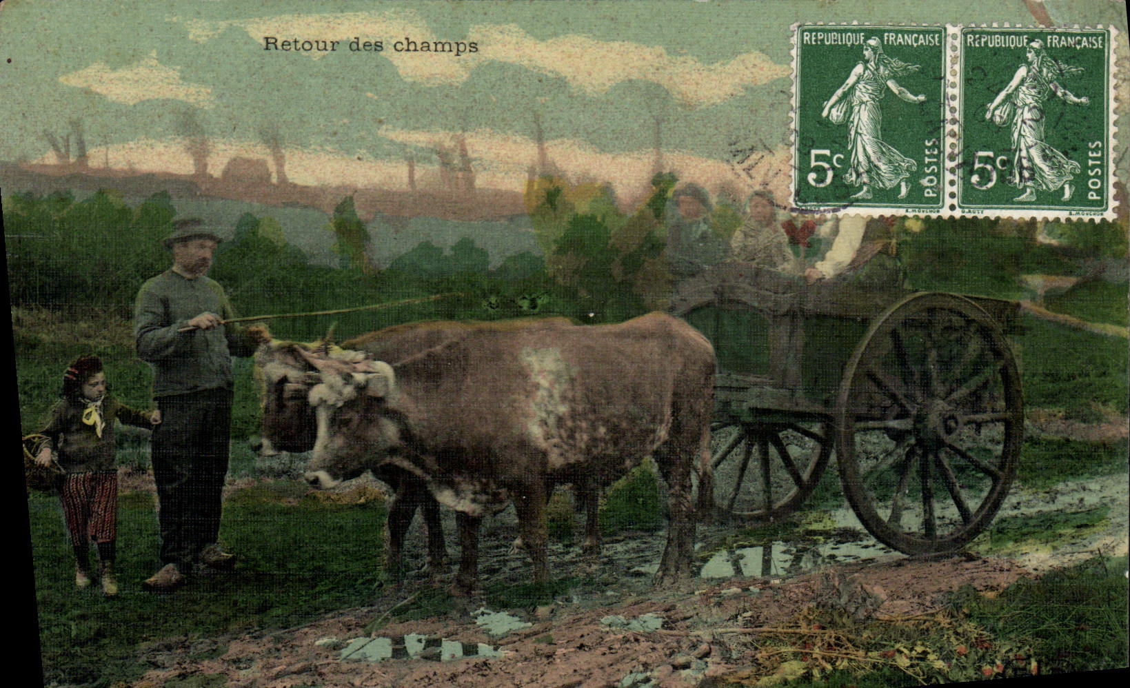 Vuelta del coche de la POSTAL de la VENDIMIA de los bueyes de los campos