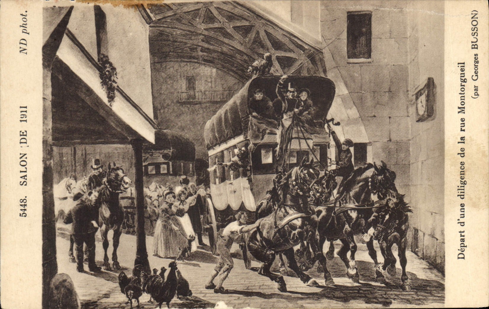 CPA Attelage Salon de 1911 Depart d'une diligence de la rue Montorgueil Paris