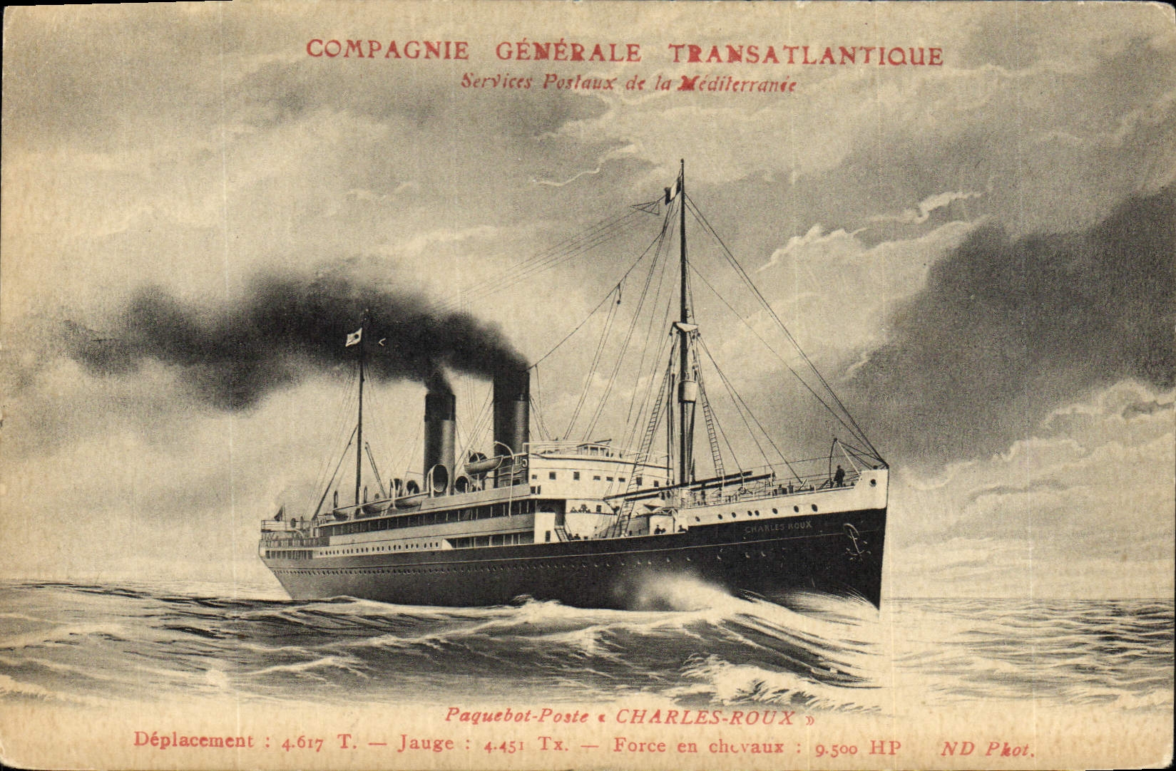 VINTAGE POSTCARD Bateau Steamer Posts General Company Transatlantic Charles Roux