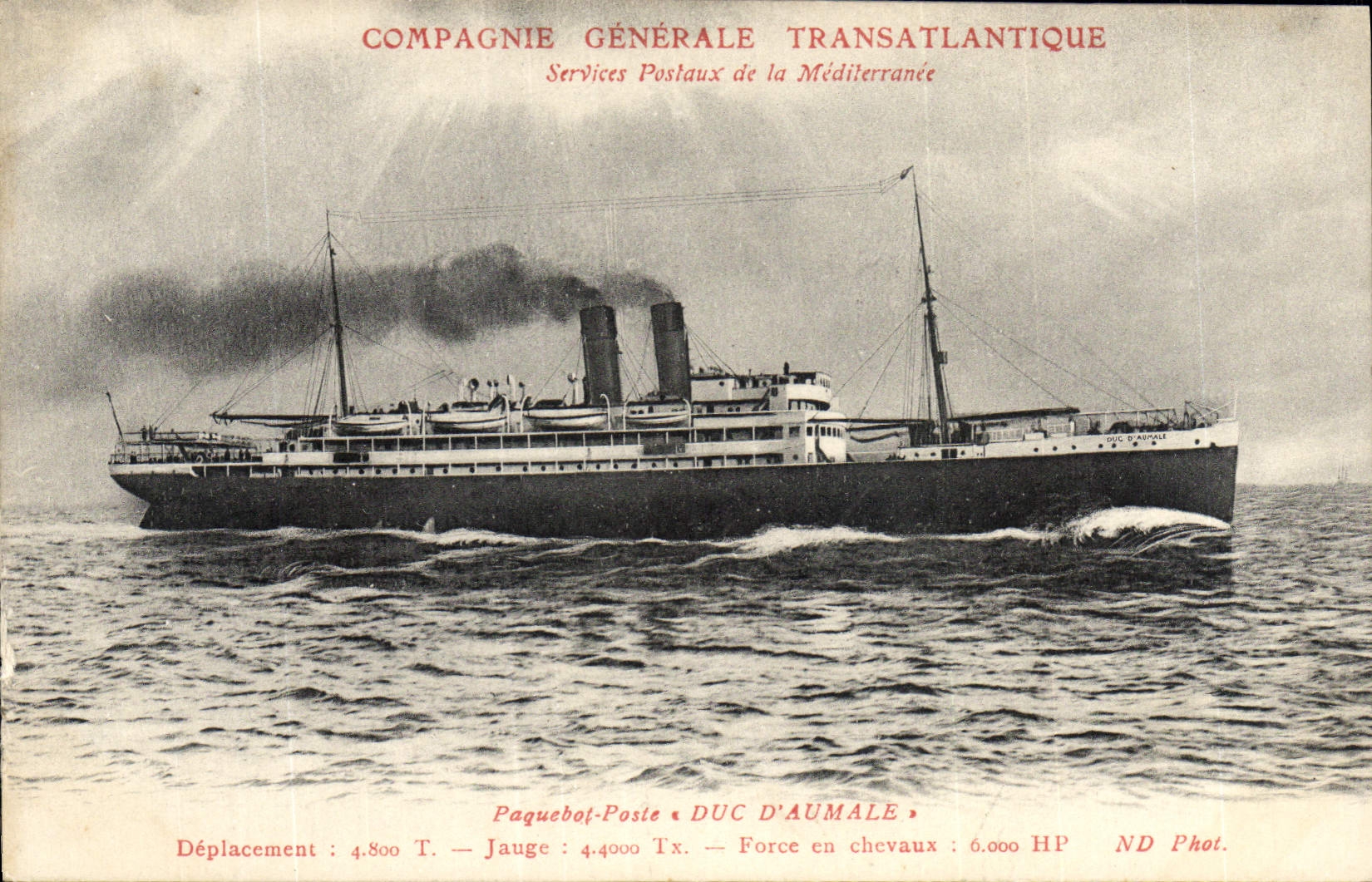 CPA Bateau Paquebot Poste Duc d'Aumale Compagnie Generale Transatlantique