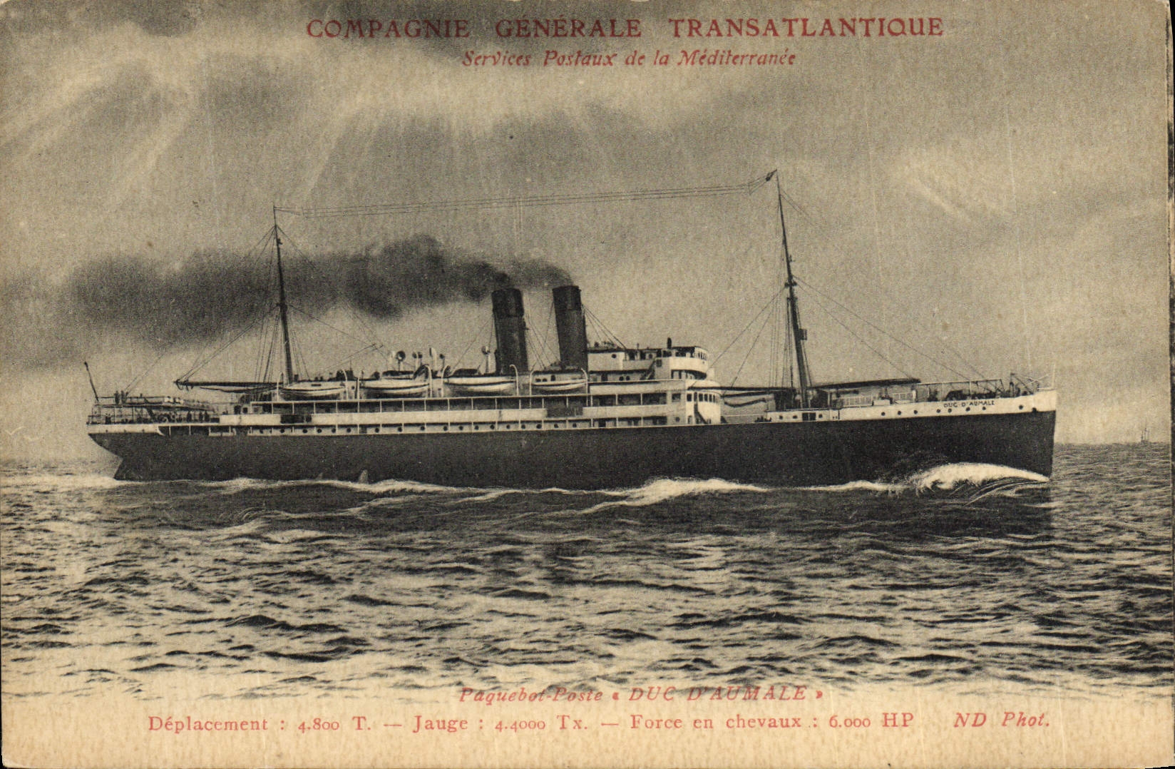 CPA Bateau Paquebot Poste Duc d'Aumale Compagnie Generale Transatlantique