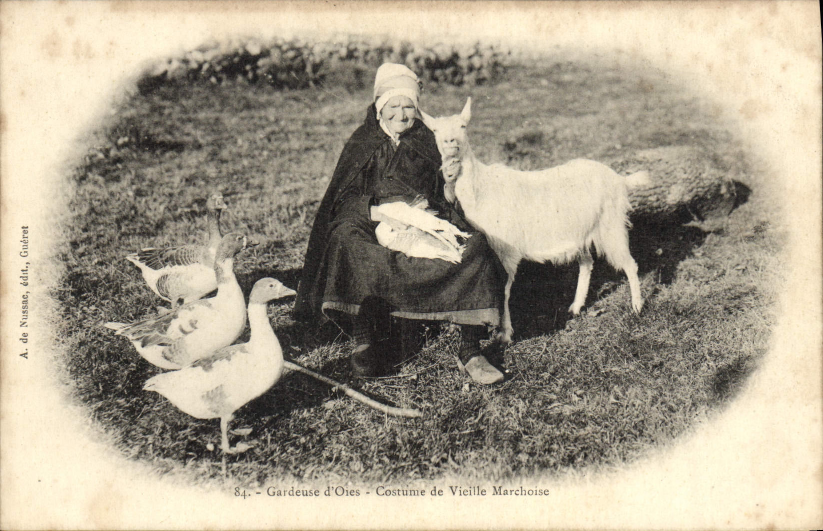 VINTAGE POSTCARD Gardeuse Goat of geese Costume of Marchoise old woman