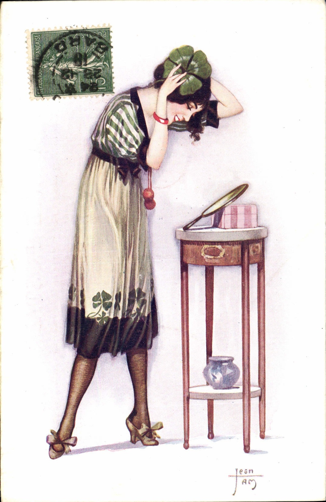 CPA Fantaisie Illustrateur Femme Trefle