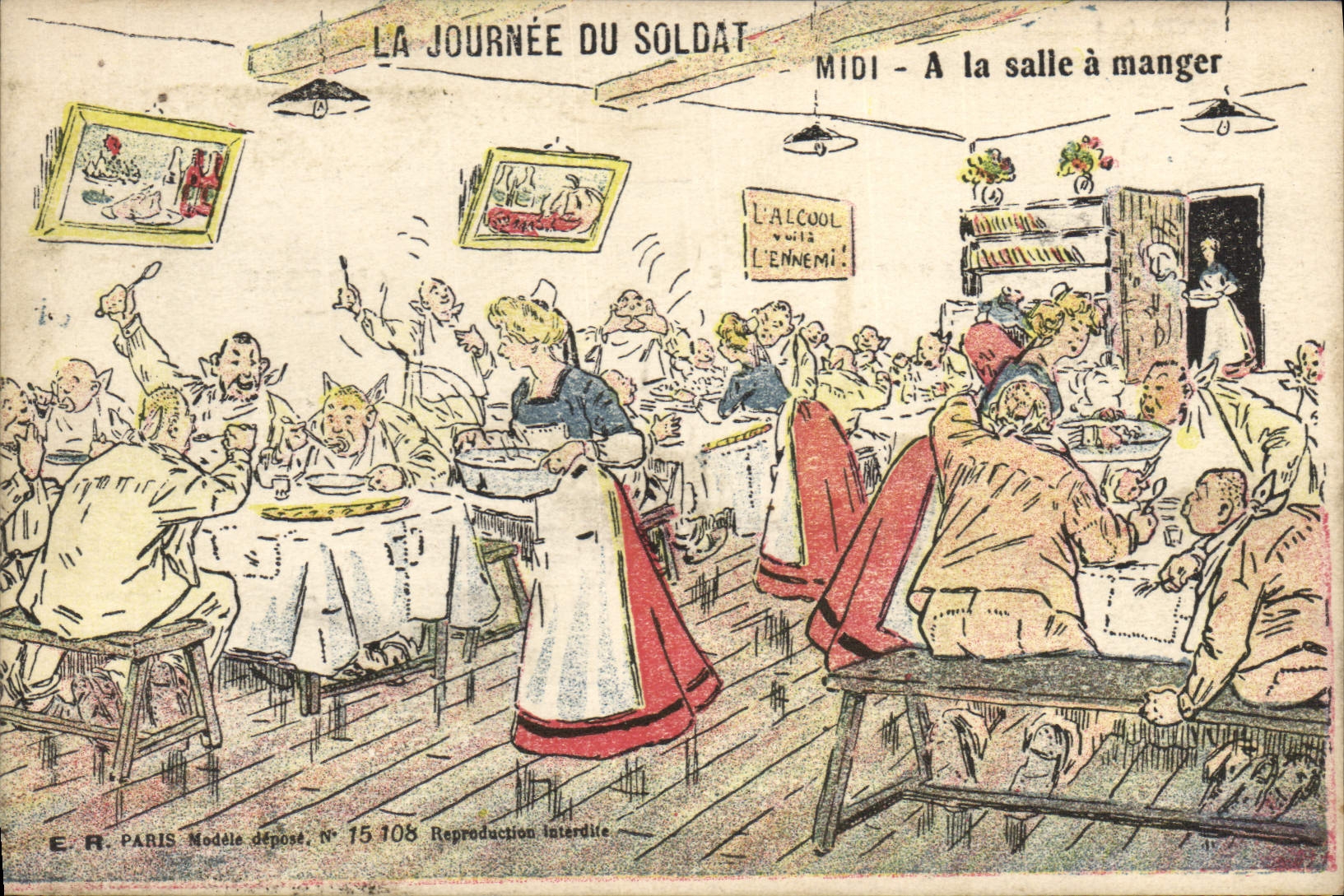 VINTAGE POSTCARD Militaria Midday With dining room