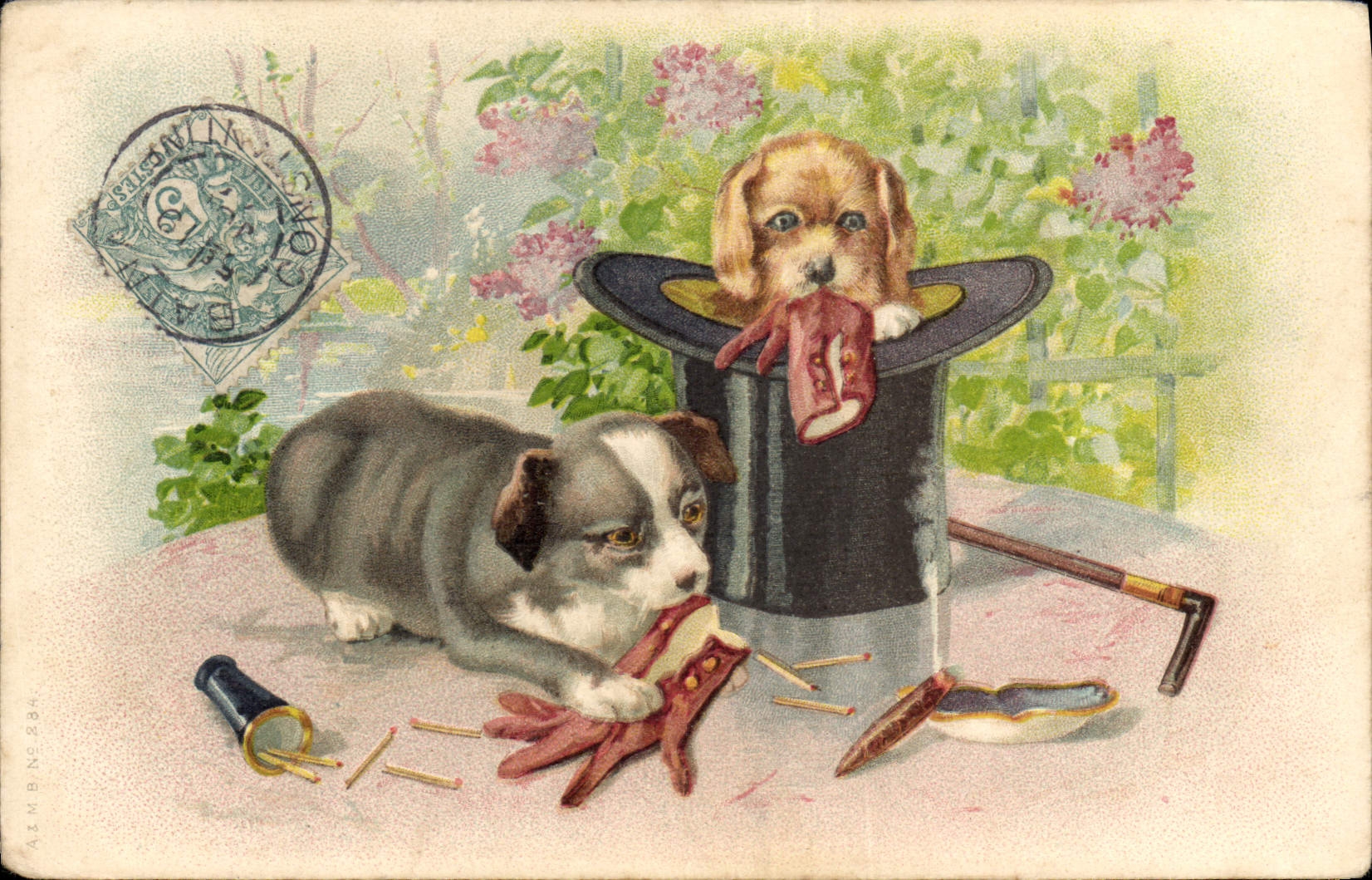 CPA Fantaisie Tabac Cigare chien Chiot