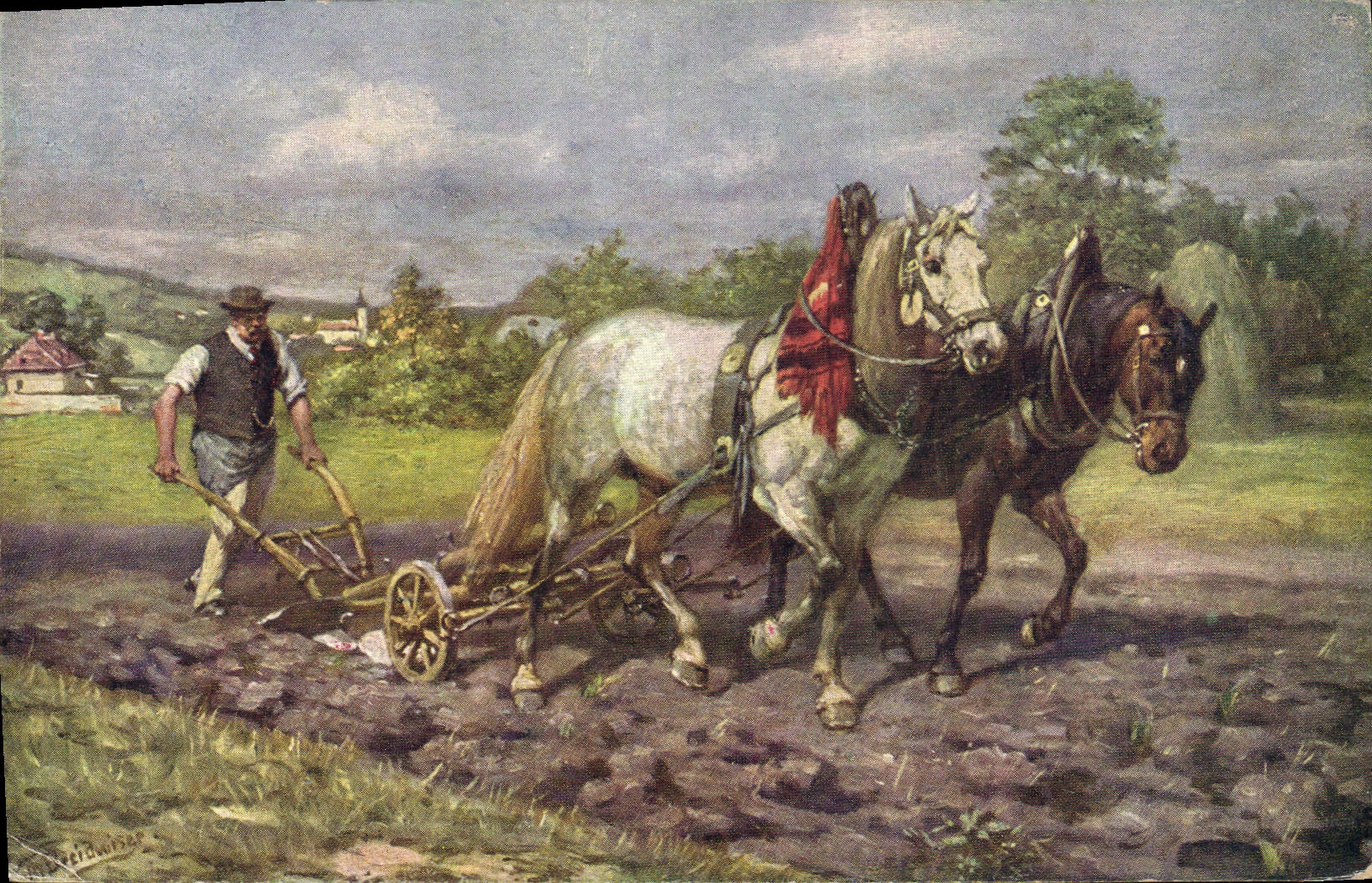 VINTAGE POSTCARD Coach Horse Ploughings Tilling