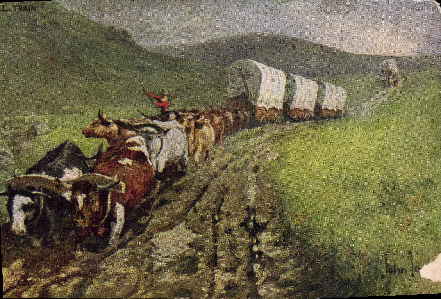 VINTAGE POSTCARD Coach Bull Beoufs Train