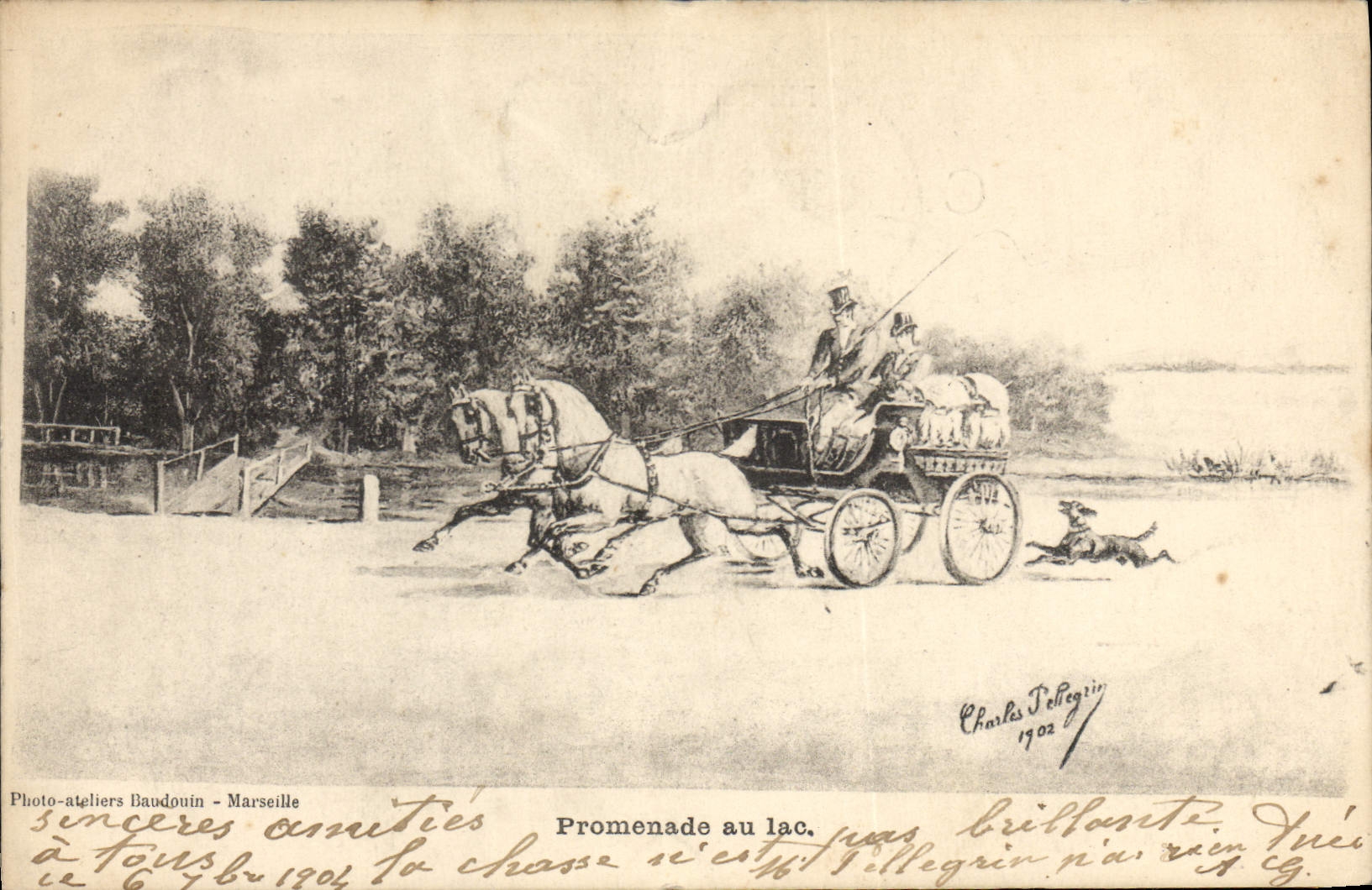 CPA Attelage Chevaux Promenade au lac 
