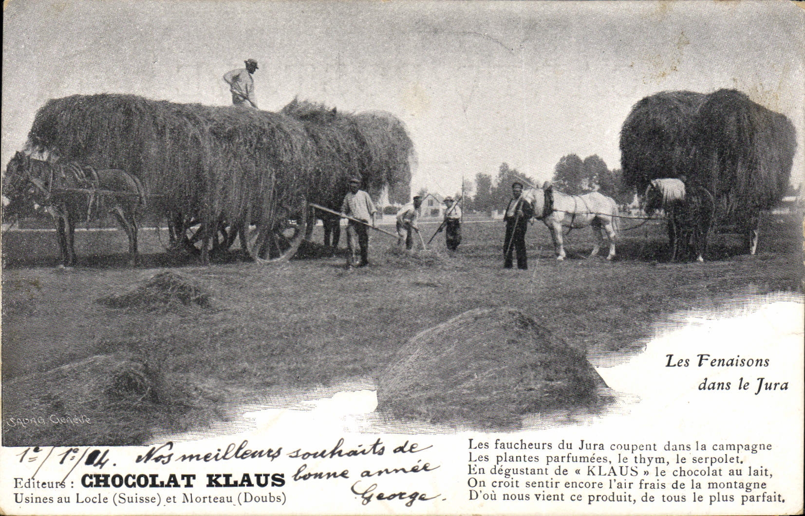 VINTAGE POSTCARD Coach haymakings in the Jura Klaus Chocolate