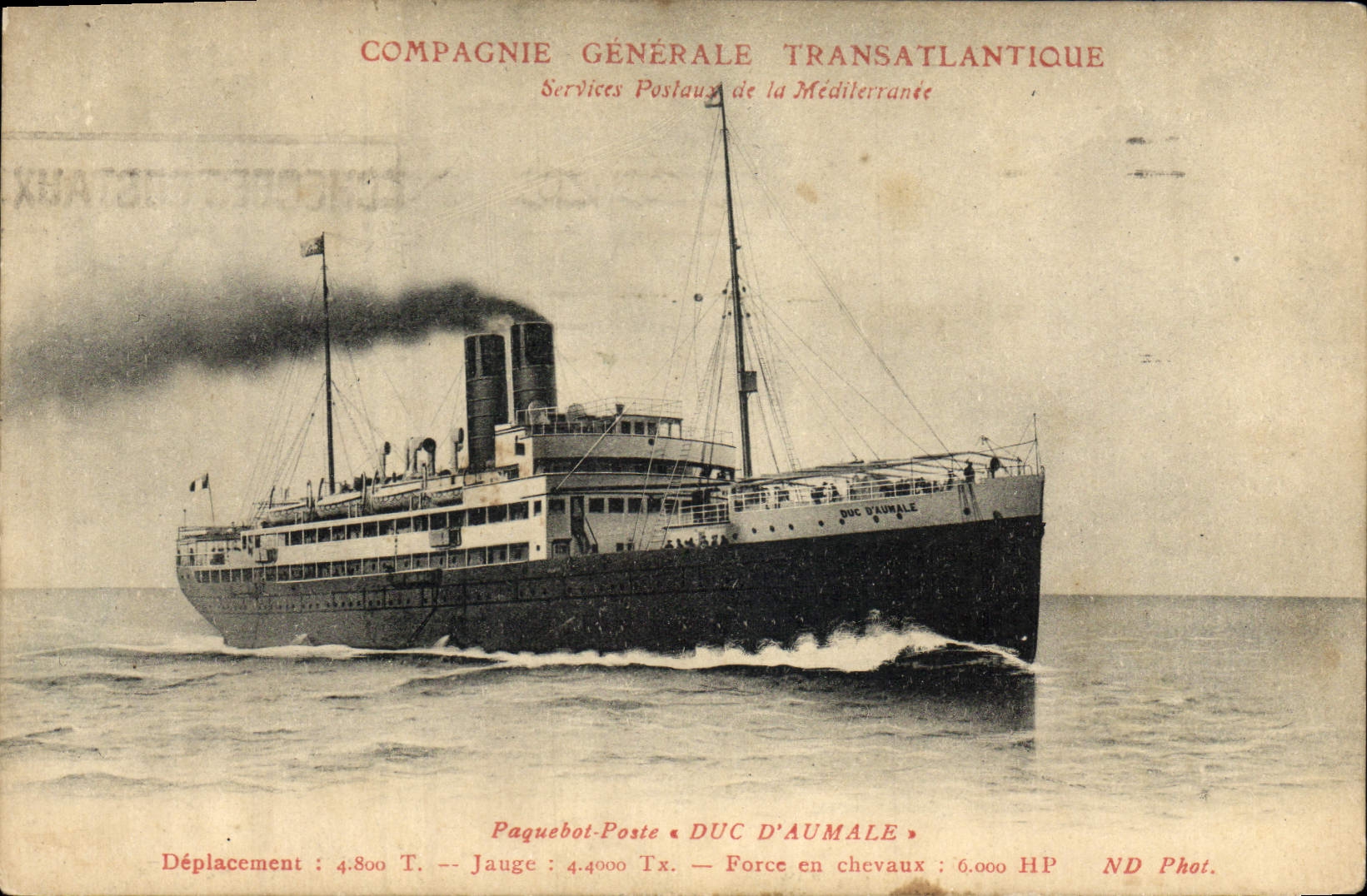 VINTAGE POSTCARD Boat Transatlantic Steamer General Company Postal services of the Mediterranean Duke D' Aumale