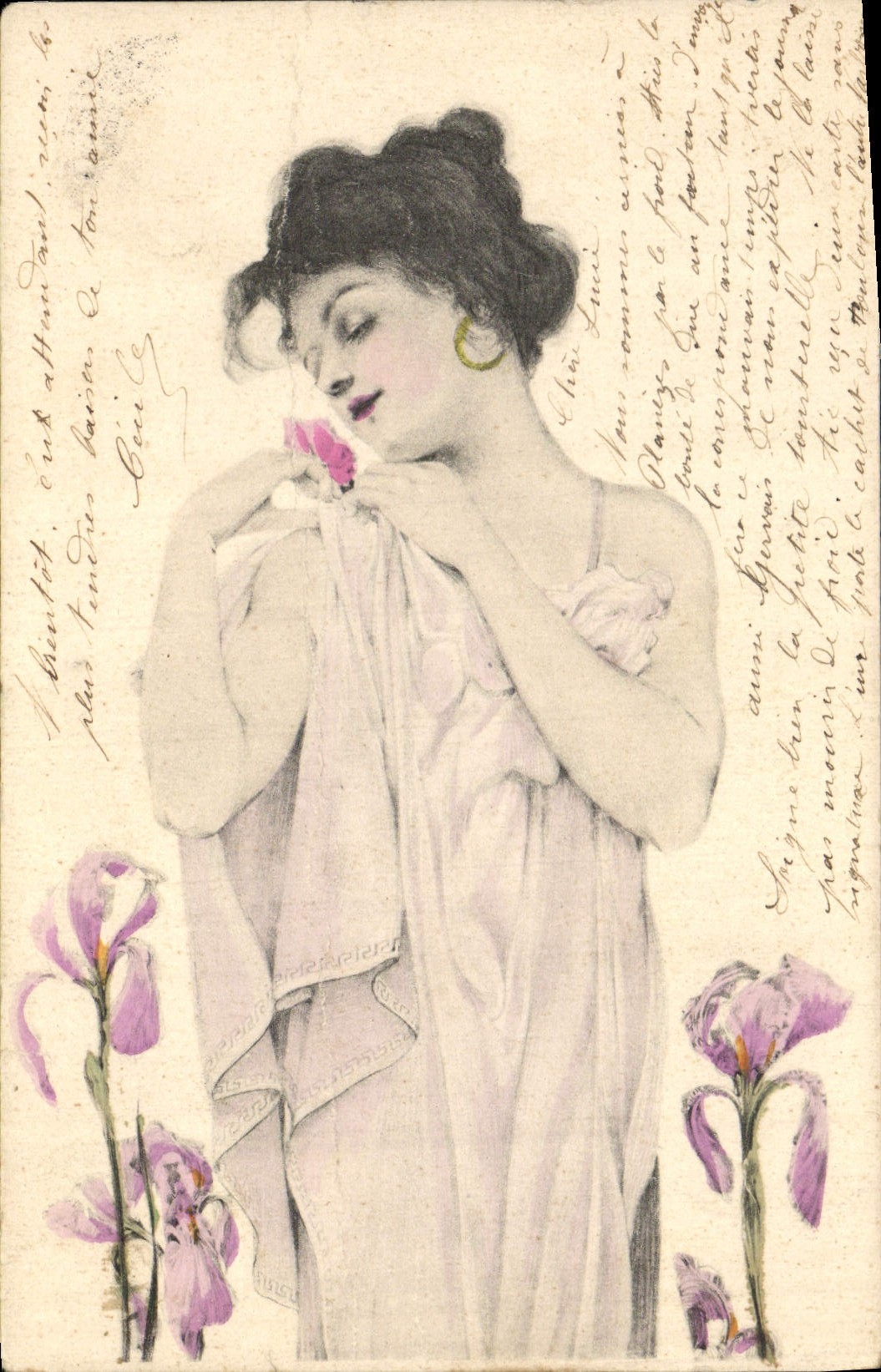 CPA Fantaisie Illustrateur Femme Fleurs