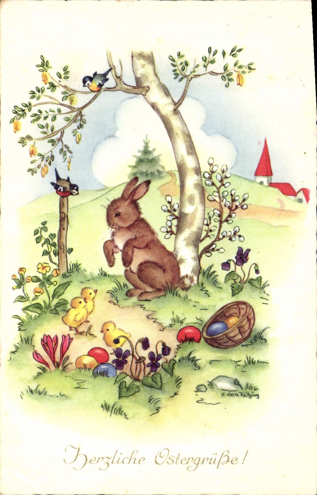 VINTAGE POSTCARD Fantasy Illustrator Rabbit Chicks