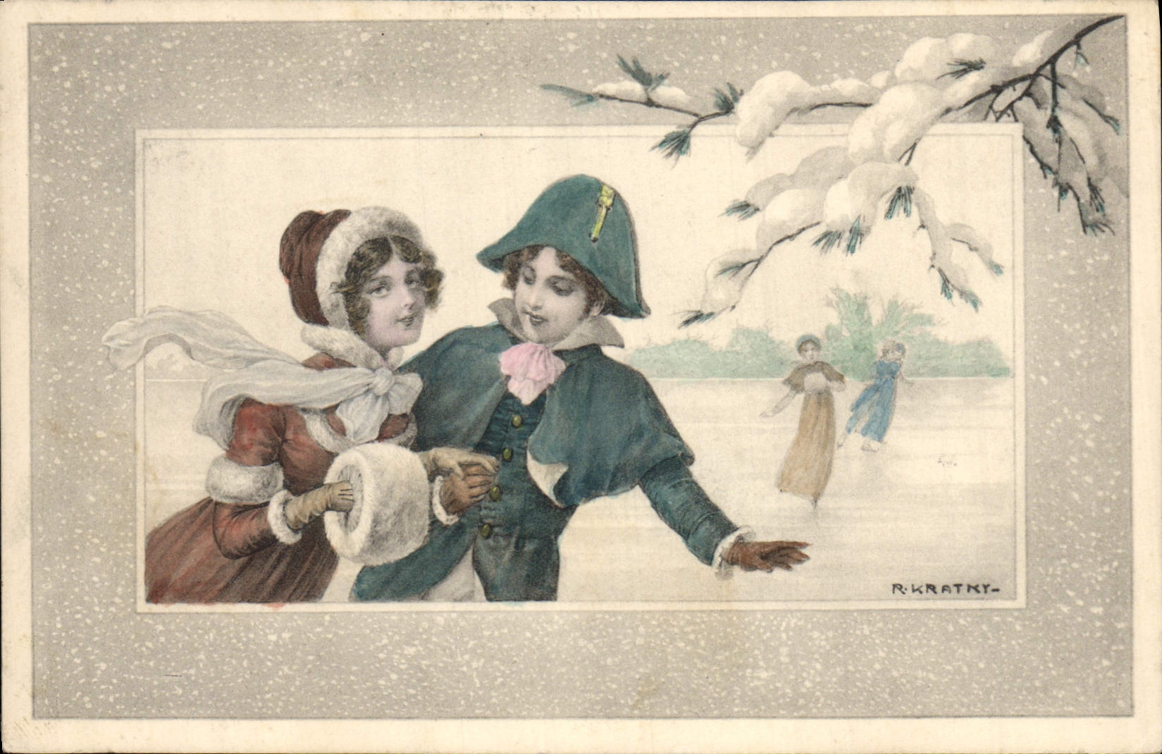 VINTAGE POSTCARD Fantaisie Illustrator Woman Kratky Iceskates