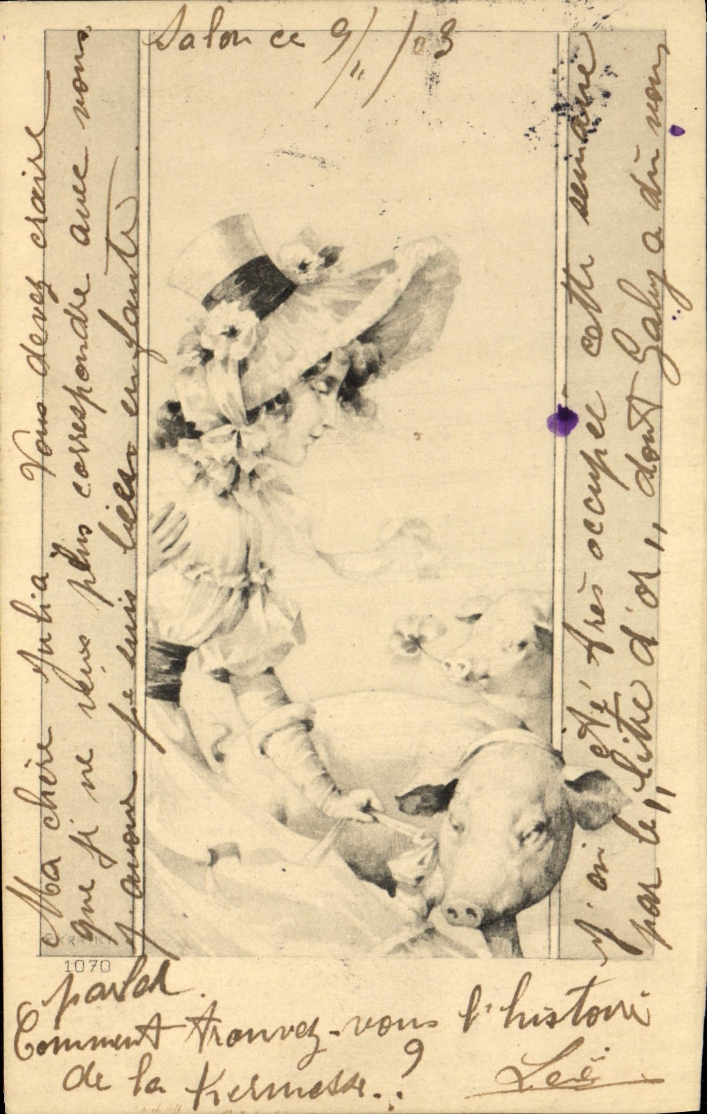 CPA Fantaisie Illustrateur Femme Cochon Porc