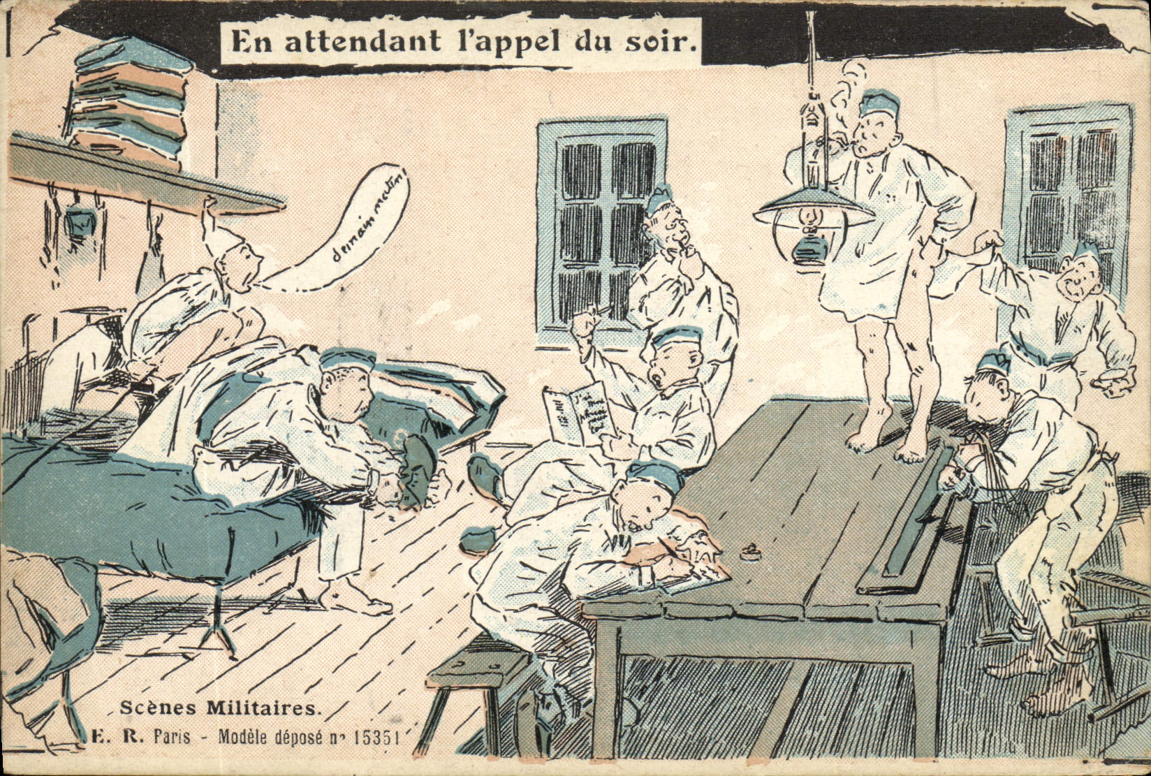 VINTAGE POSTCARD Militaria While waiting for the call of the evening