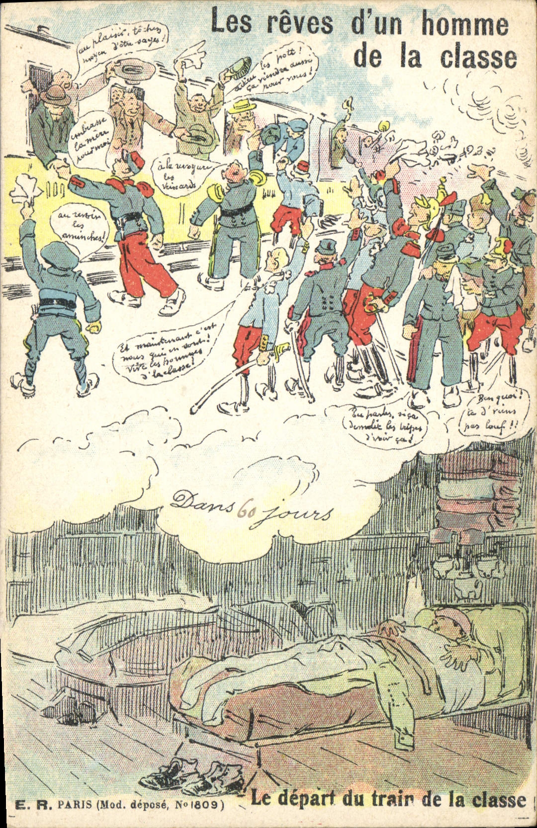VINTAGE POSTCARD Militaria dreams of a man of the class the departure of the train of the class