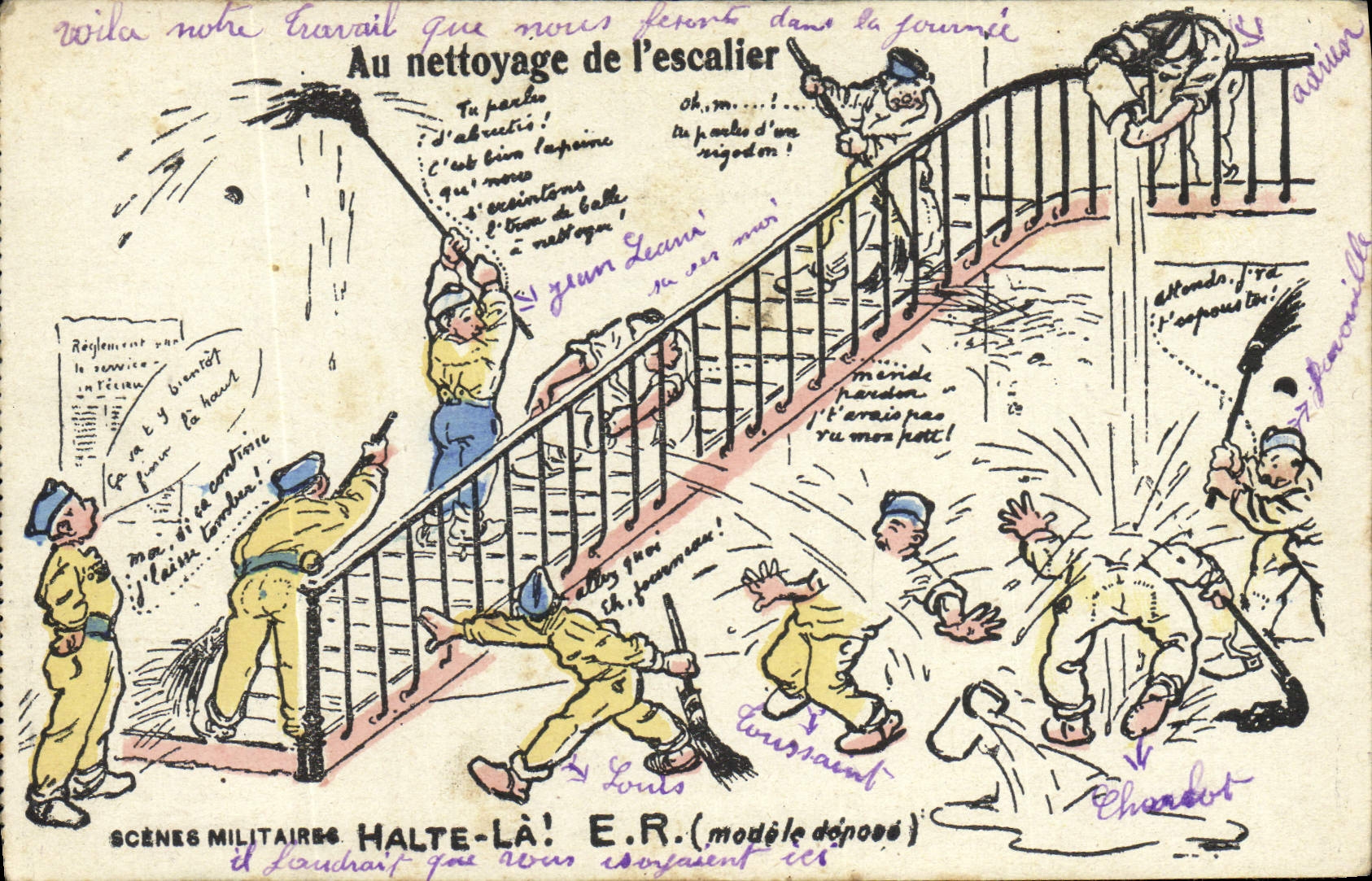 CPA Militaria Au nettoyage de l'escalier 