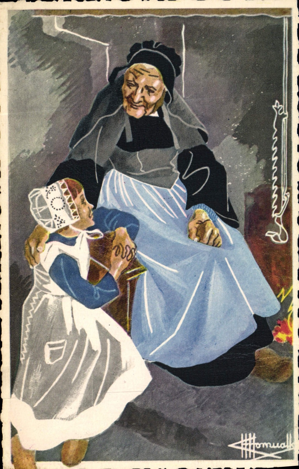 CPA Folklore Charles Homualk Brennilis Femme Enfant