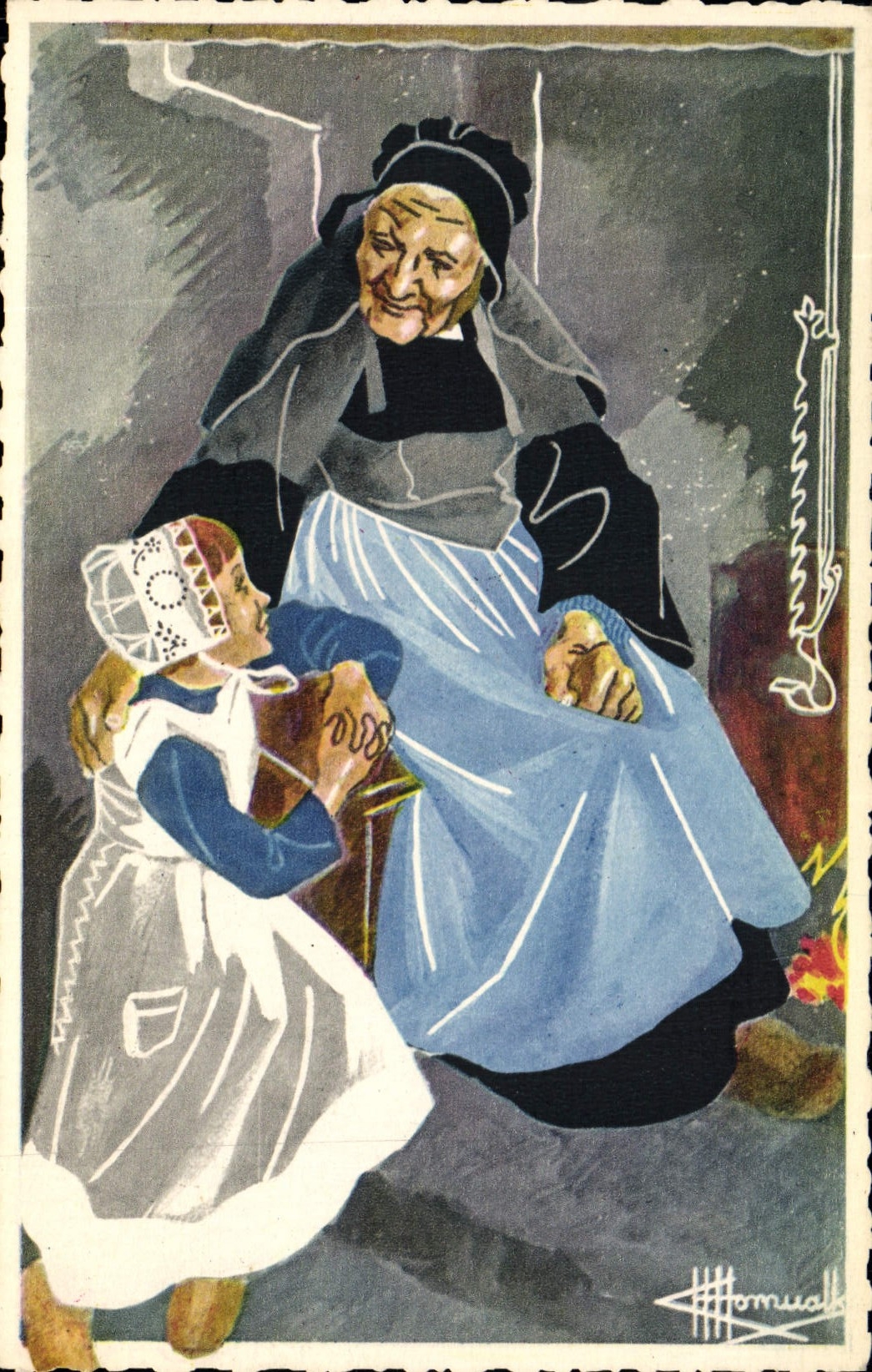 CPA Folklore Charles Homualk Brennilis Femme Enfant