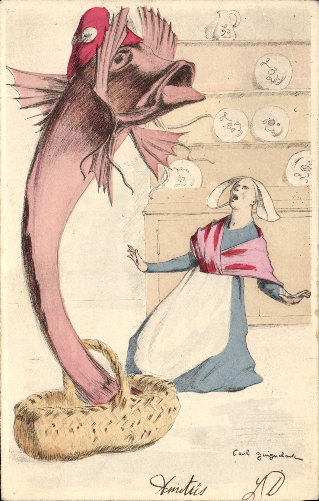 CPA Folklore Bretagne Poisson TOP (dessin a la main)