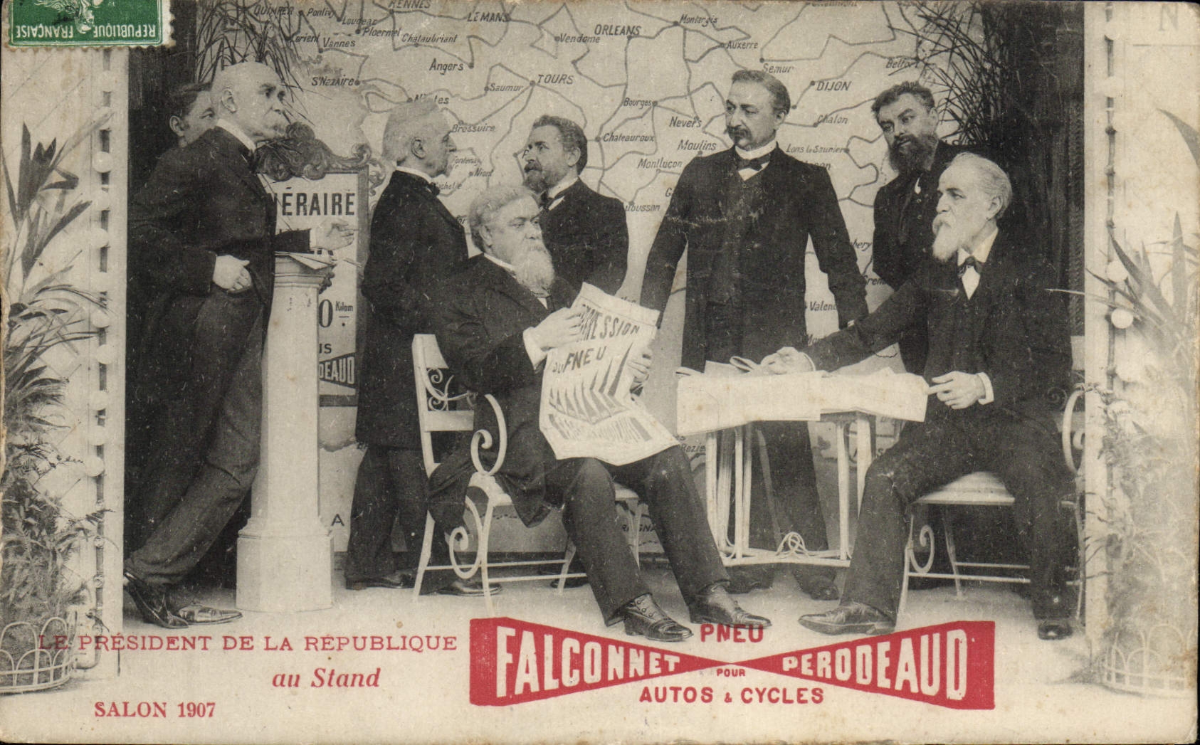 VINTAGE POSTCARD President of the Republic to the stand Falconnet Perodeaud Tire Cars & Cycles