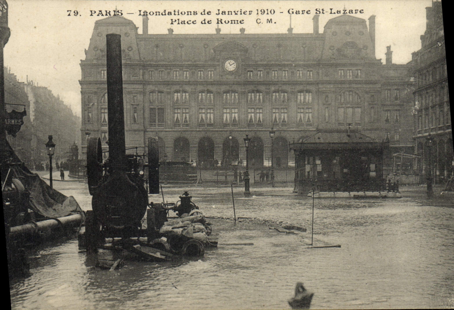 CPA Paris Crue de la Seine 29 janvier 1910 Gare Saint-Lazare Pompes d'epuisement