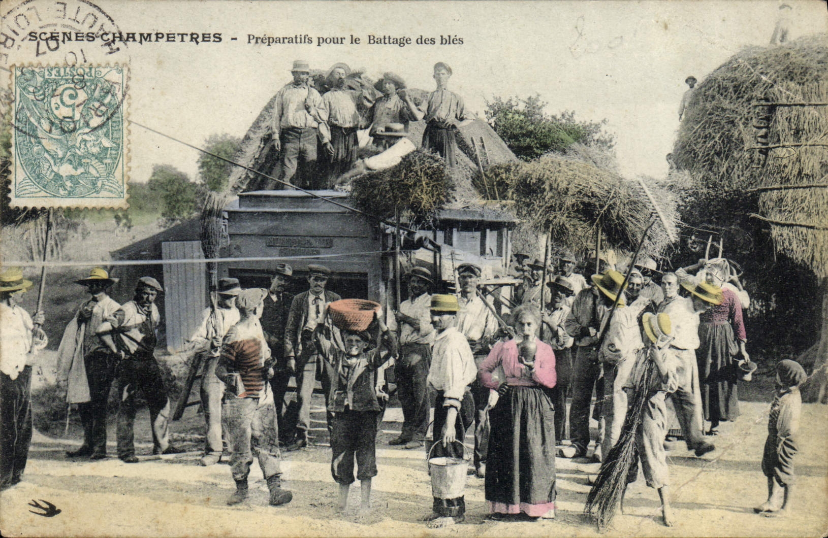 Preparaciones pastorales locomotoras de las escenas de la POSTAL de la VENDIMIA para el golpeo de granos