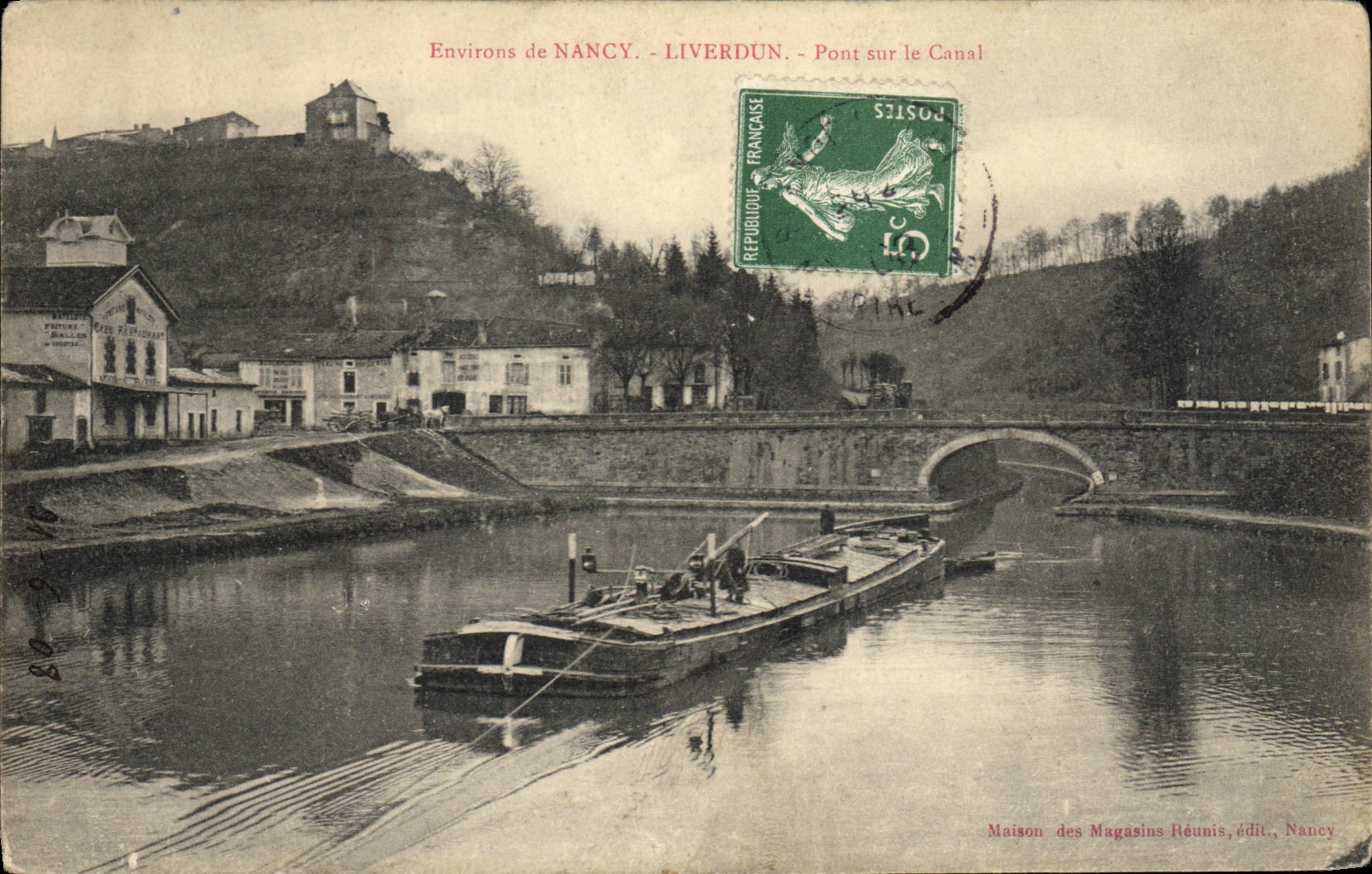 VINTAGE POSTCARD Surroundings of Nancy Liverdun Bridge on the canal Barge Boat