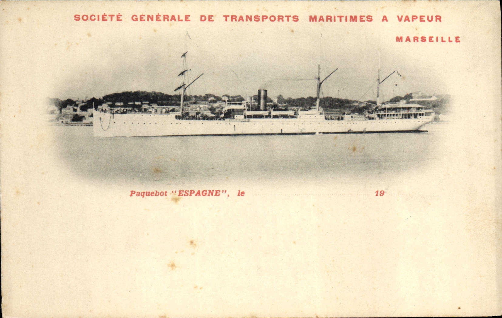 La sociedad general del vapor del barco de la POSTAL de la VENDIMIA del transporte marítimo tiene vapor España Marsella