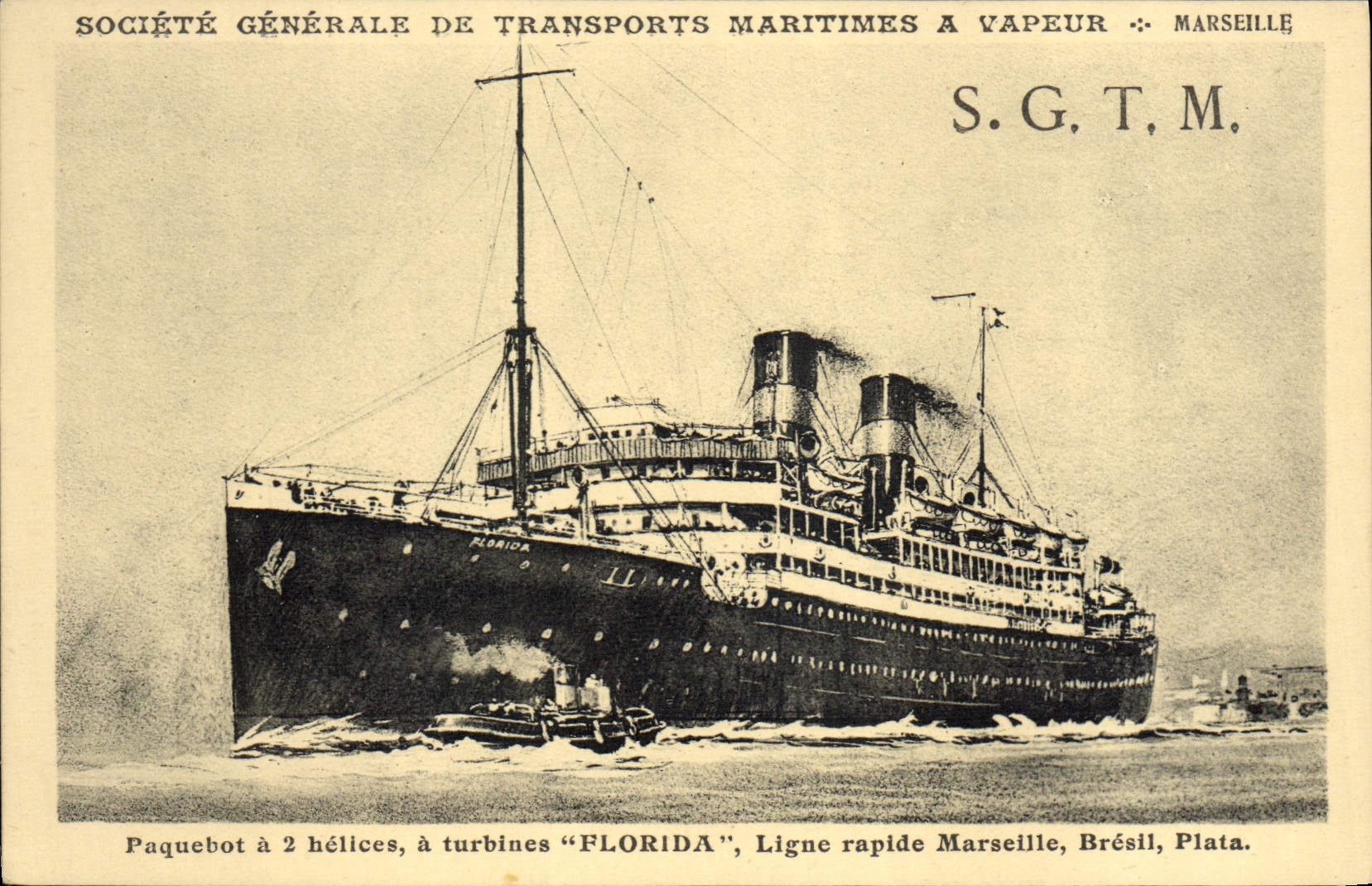 La sociedad general del vapor del barco de la POSTAL de la VENDIMIA del transporte marítimo tiene vapor Marsella la Florida