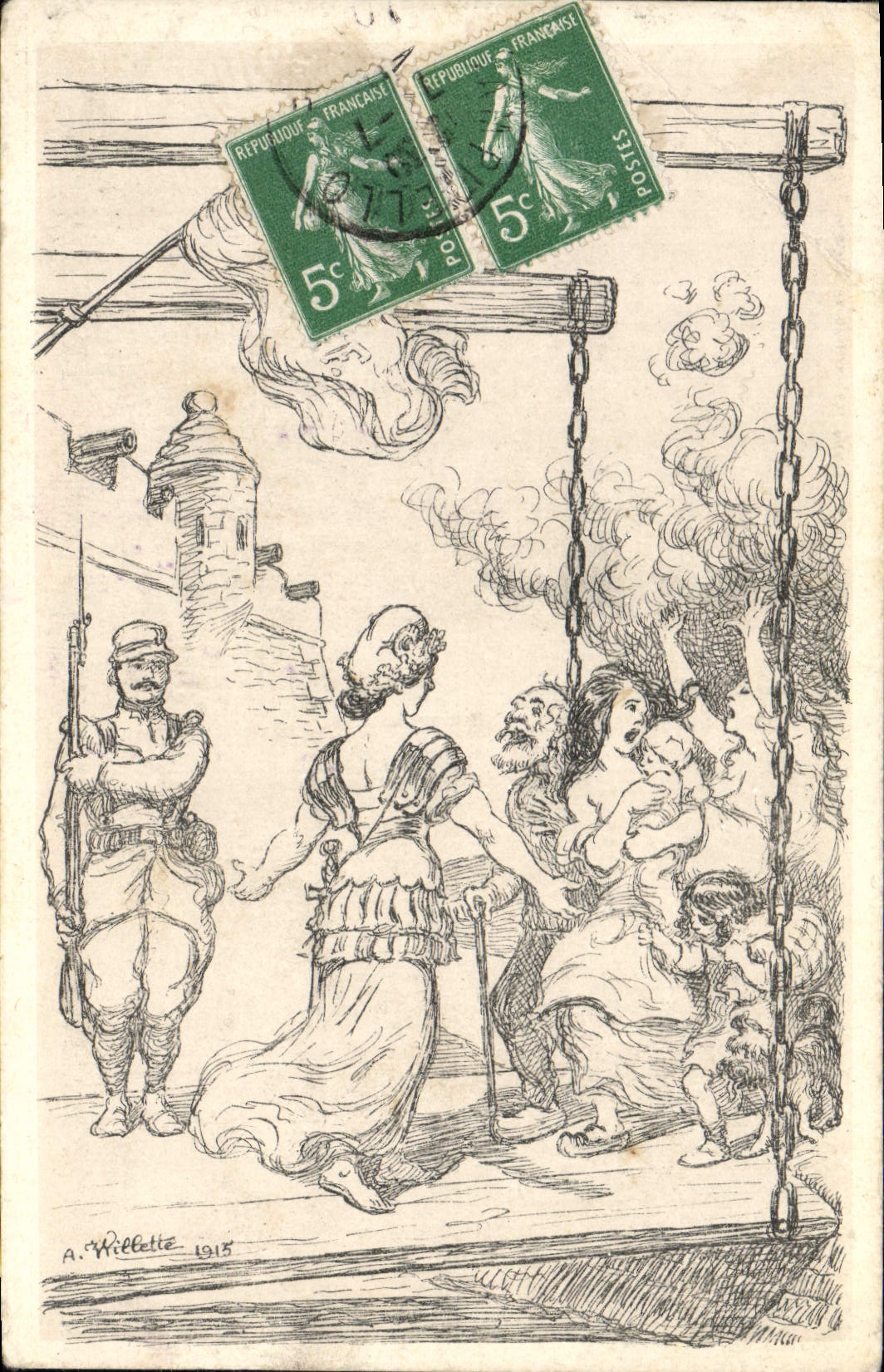 CPA Militaria Femmes Enfants sortant des flammes