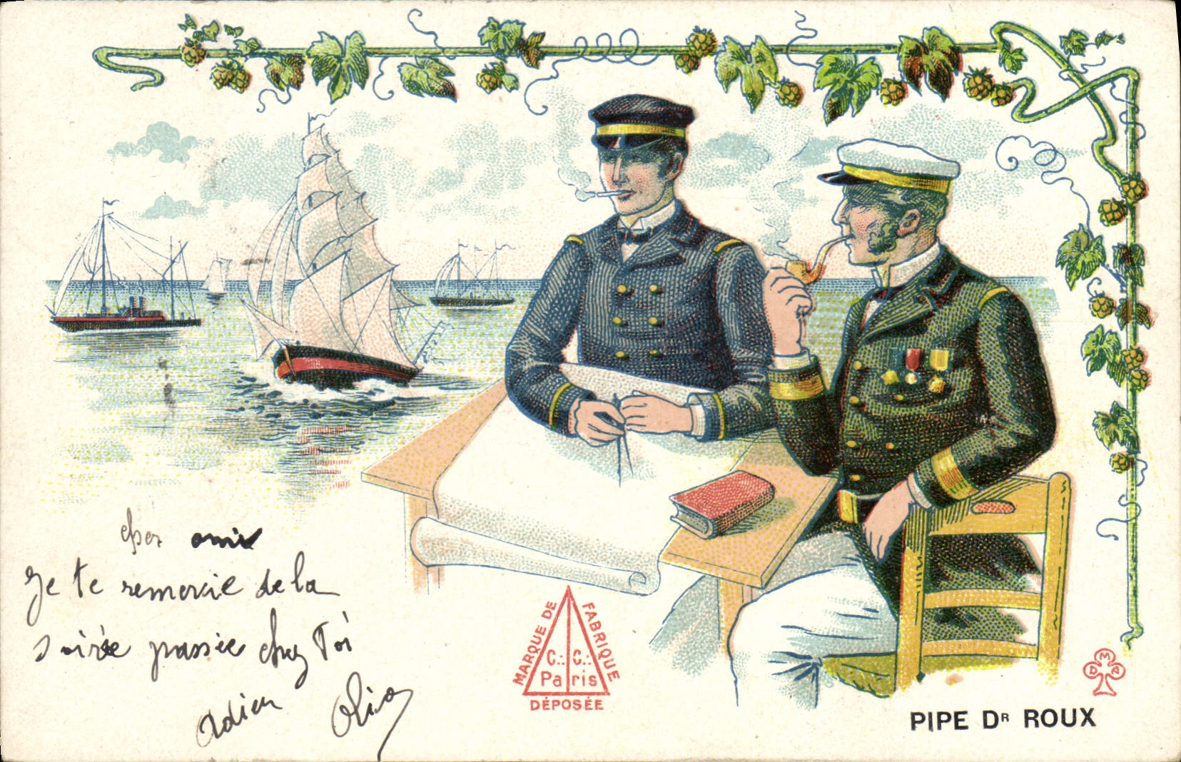 VINTAGE POSTCARD Folklore Tobacco Pipe Dr. Roux Marine Bateay TOP