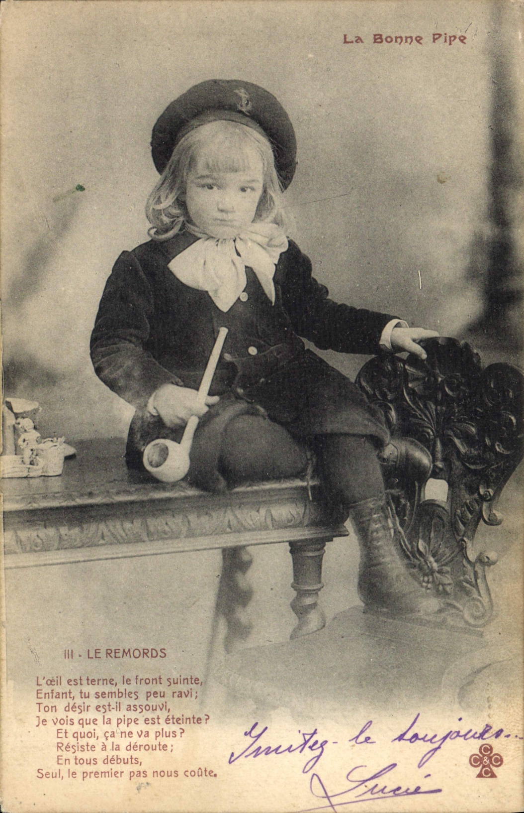 CPA Folklore Tabac Enfant La bonne pipe Le remords