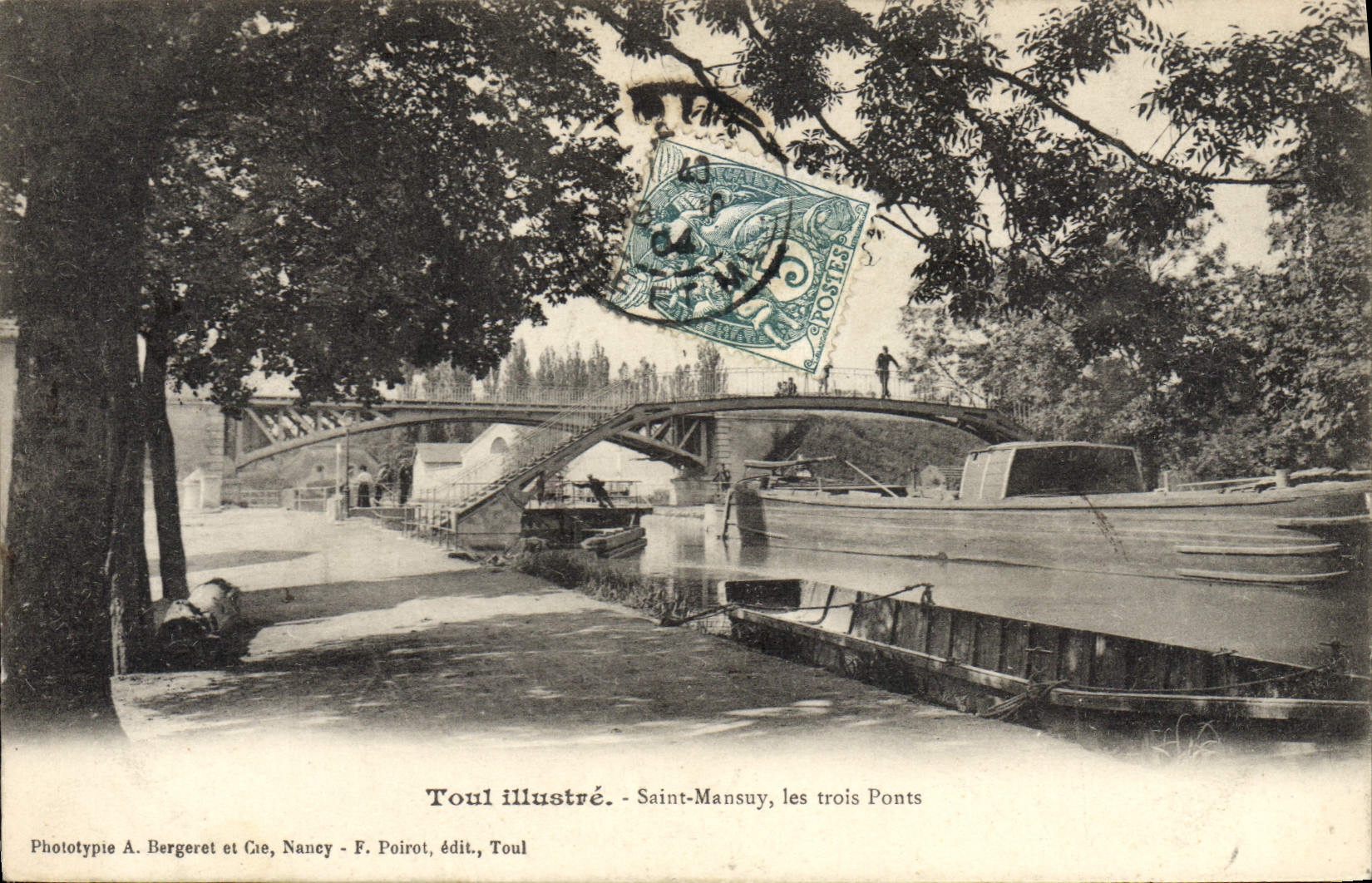 VINTAGE POSTCARD Boat Barge Holy Toul Mansuy three bridges