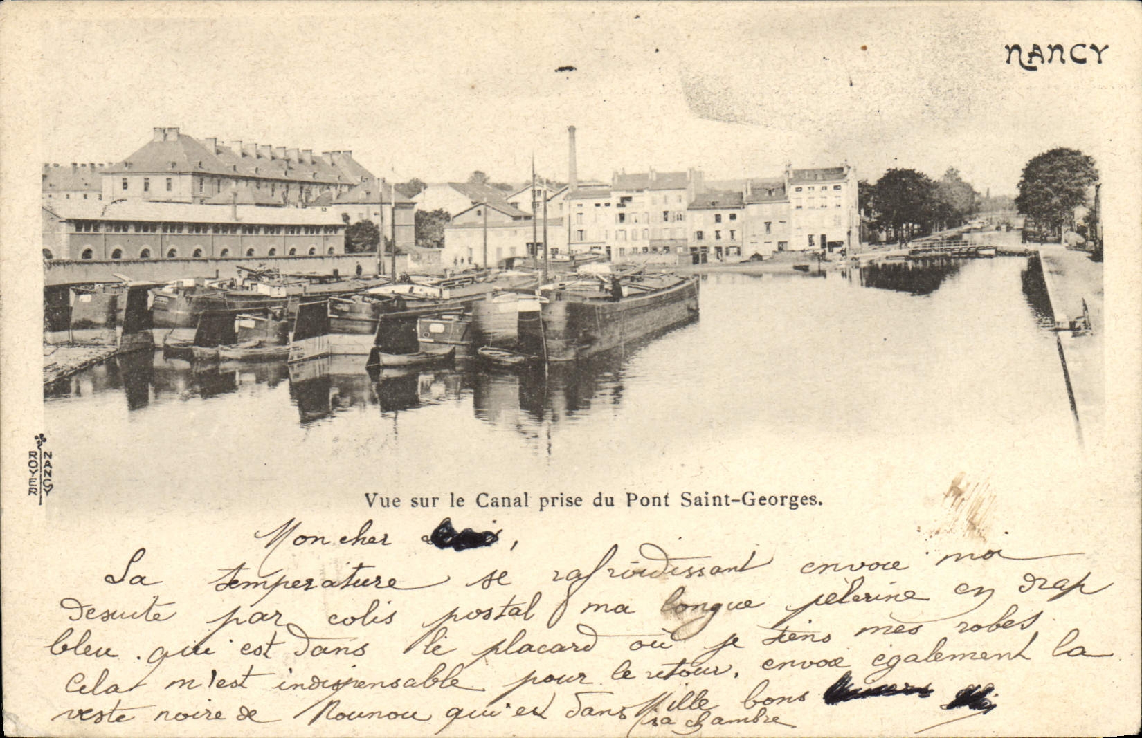 VINTAGE POSTCARD Boat Nancy Barge Seen on the canal taken of the Saint-Georges bridge