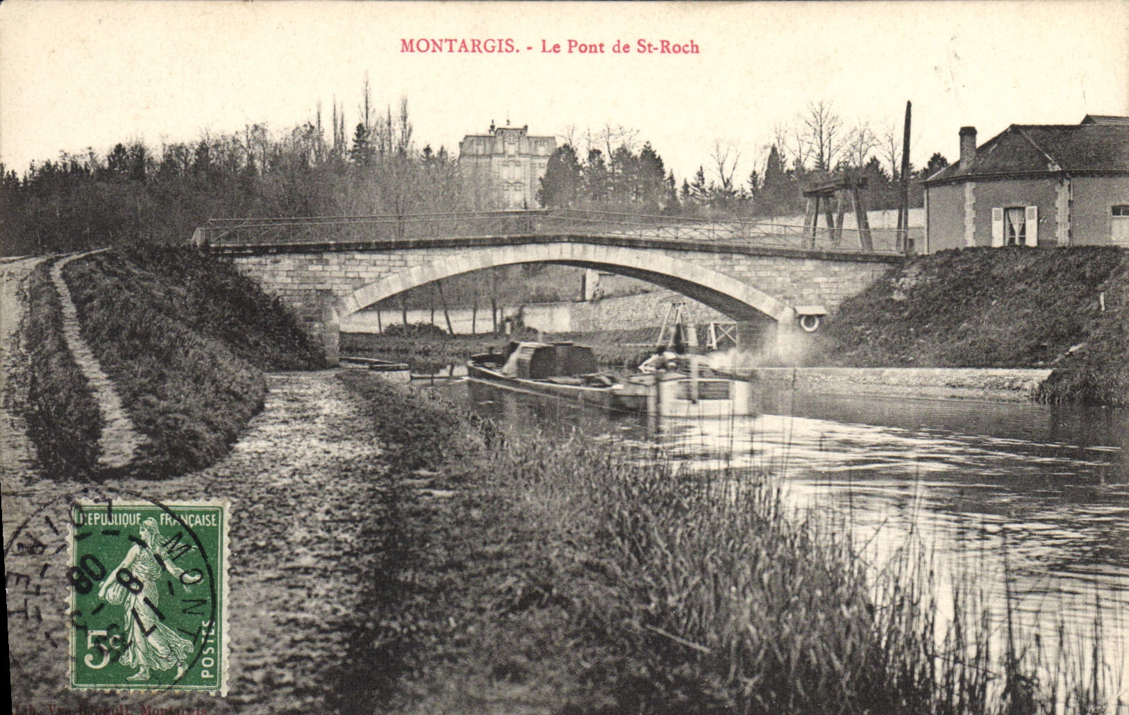 CPA Bateau Peniche Montargis Le pont de St Roch