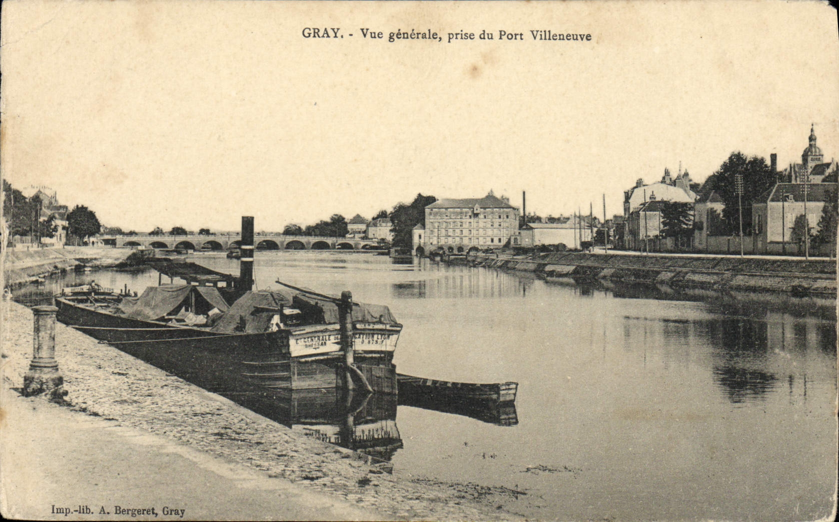 VINTAGE POSTCARD Boat Gray Barge View taken of the Villeneuve Port