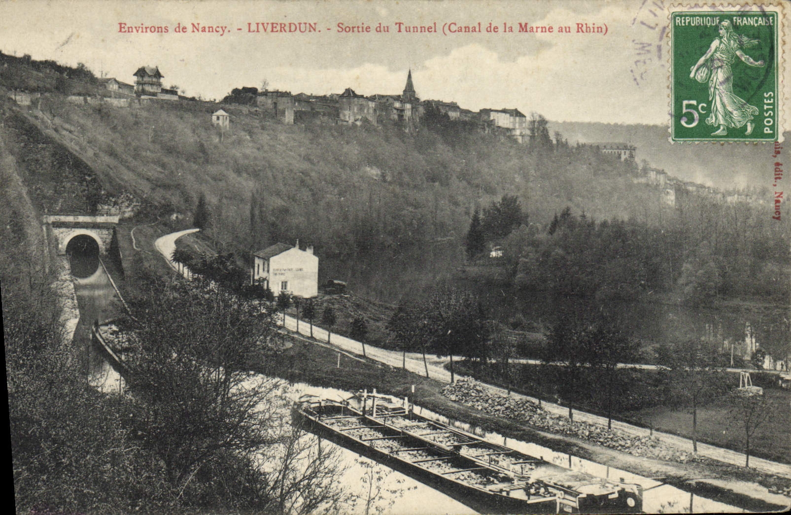 VINTAGE POSTCARD Boat Barge Surroundings of Nancy Liverdun Left the tunnel Canal of the Marne in Rgin