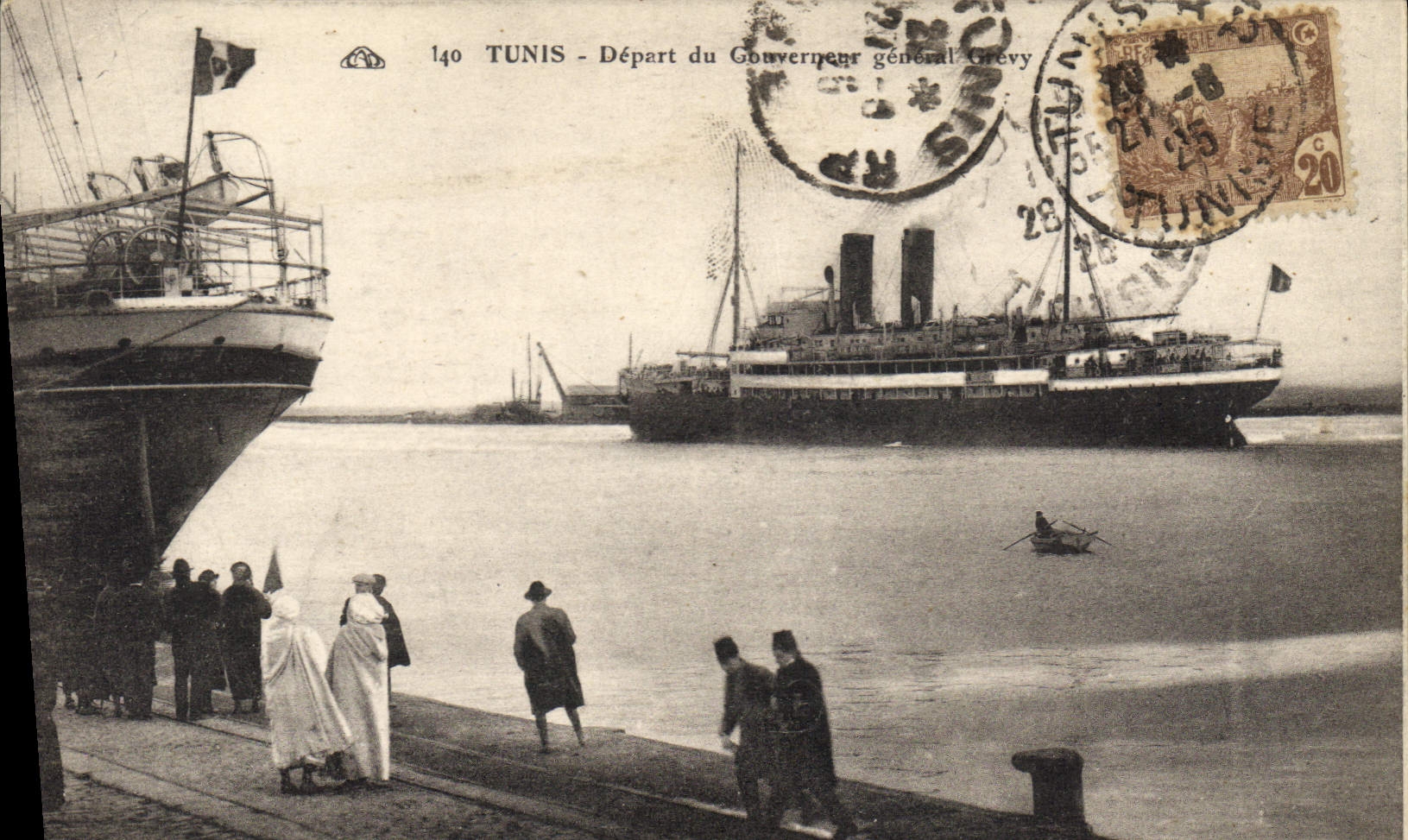 VINTAGE POSTCARD Boat Steamer Tunis Departure of the general governor Grevy Tunisia