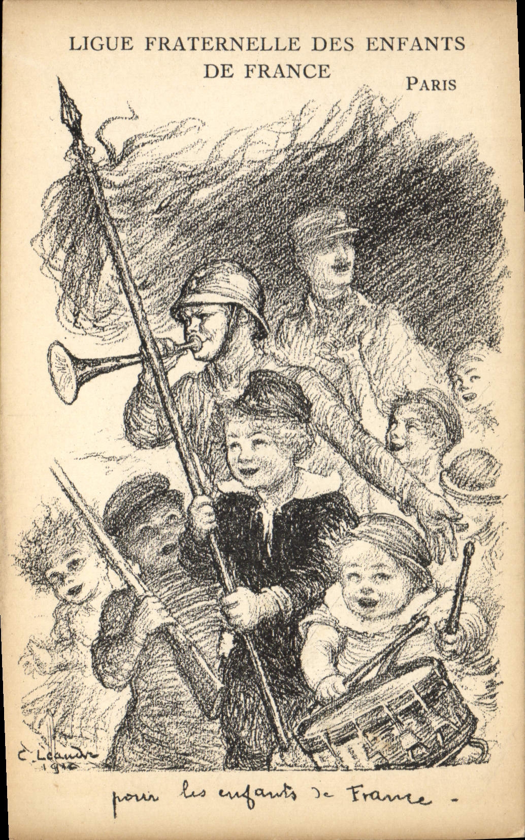 VINTAGE POSTCARD Fantaisie Leandre Illustrator Leagues Fraternal children of Militaria France