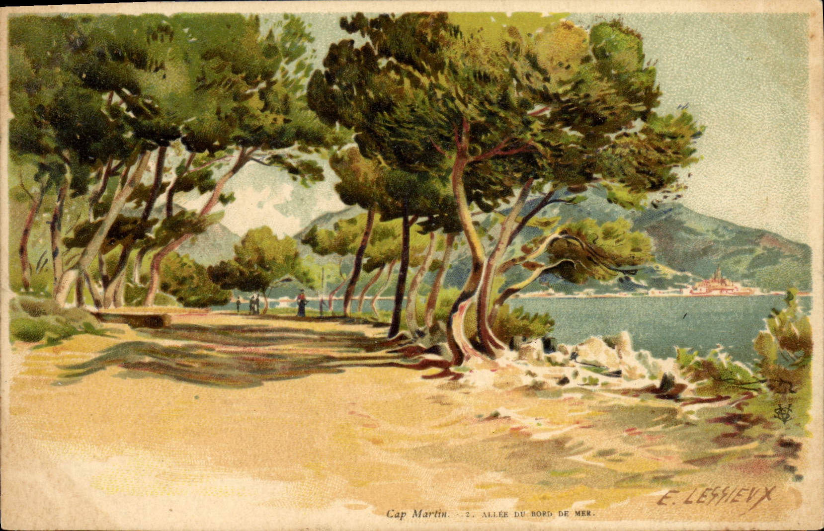 VINTAGE POSTCARD Fantasy Illustrator Lessieux Cape Martin Gone from the seaside