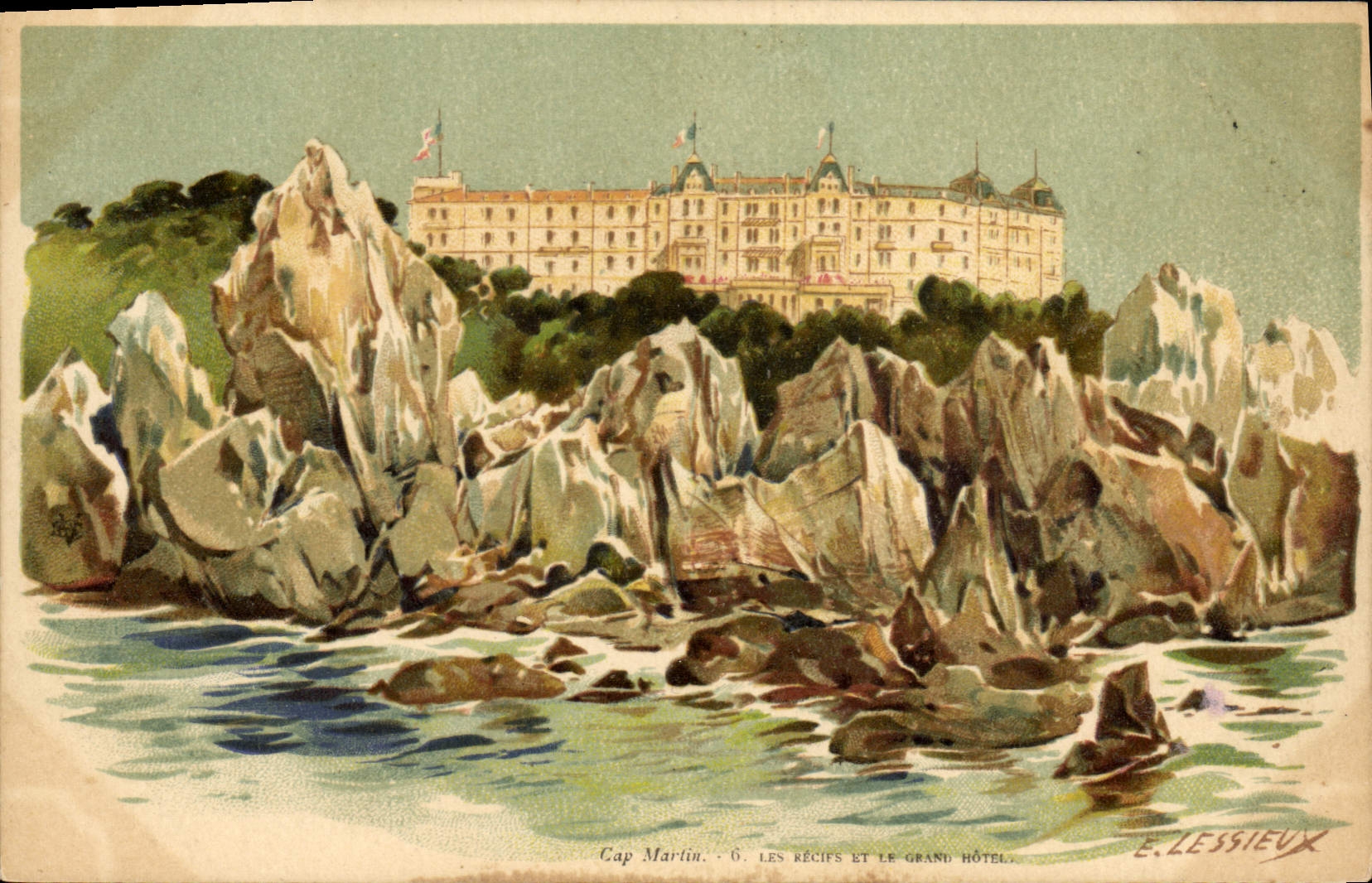 VINTAGE POSTCARD Fantasy Illustrator Lessieux Cape Martin reefs and the Large Hotel