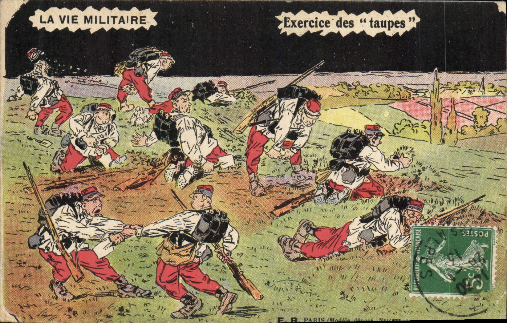 VINTAGE POSTCARD Fantasy Militaria Exercise of the moles