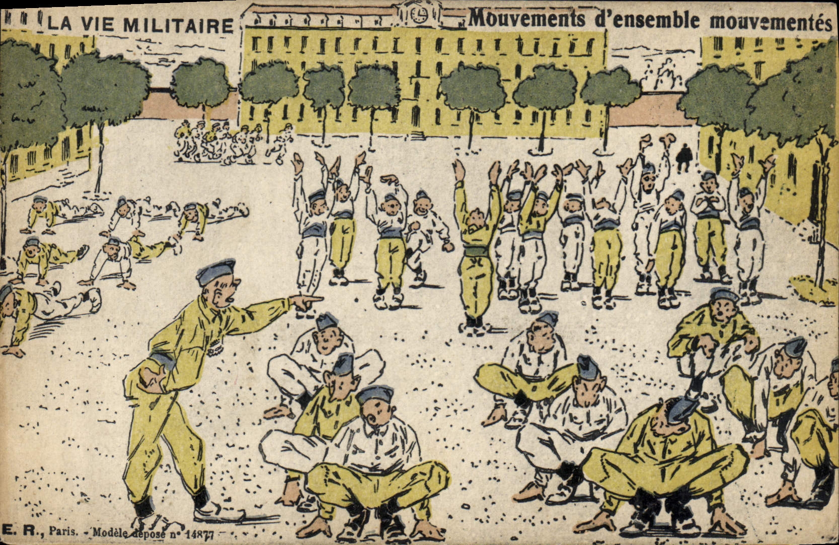 VINTAGE POSTCARD Fantaisie Militaria Mouvements overall animate